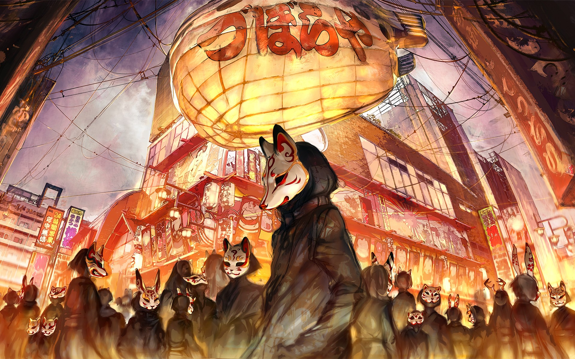 mask, anime, city, Yuumei, HD Wallpaper