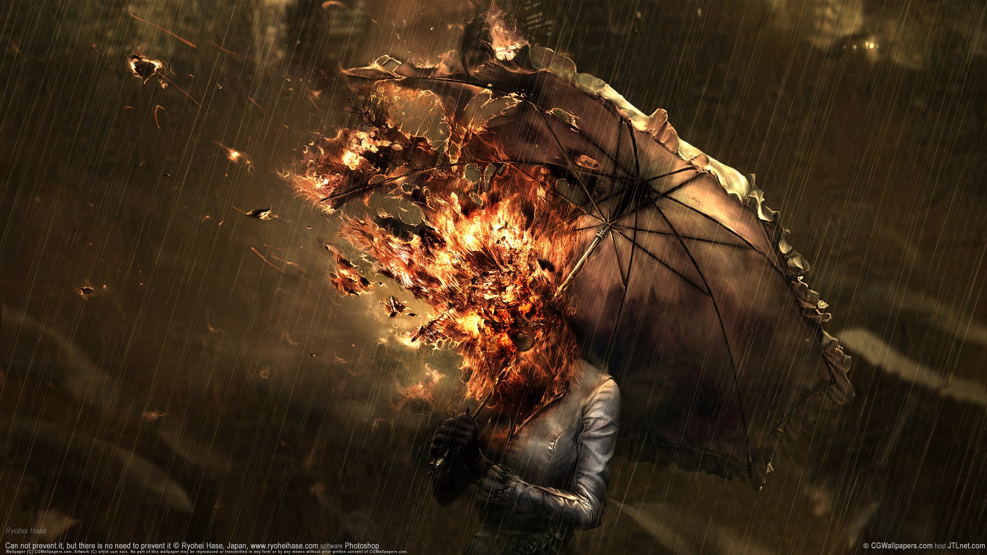 fire, umbrella, rain, HD Wallpaper