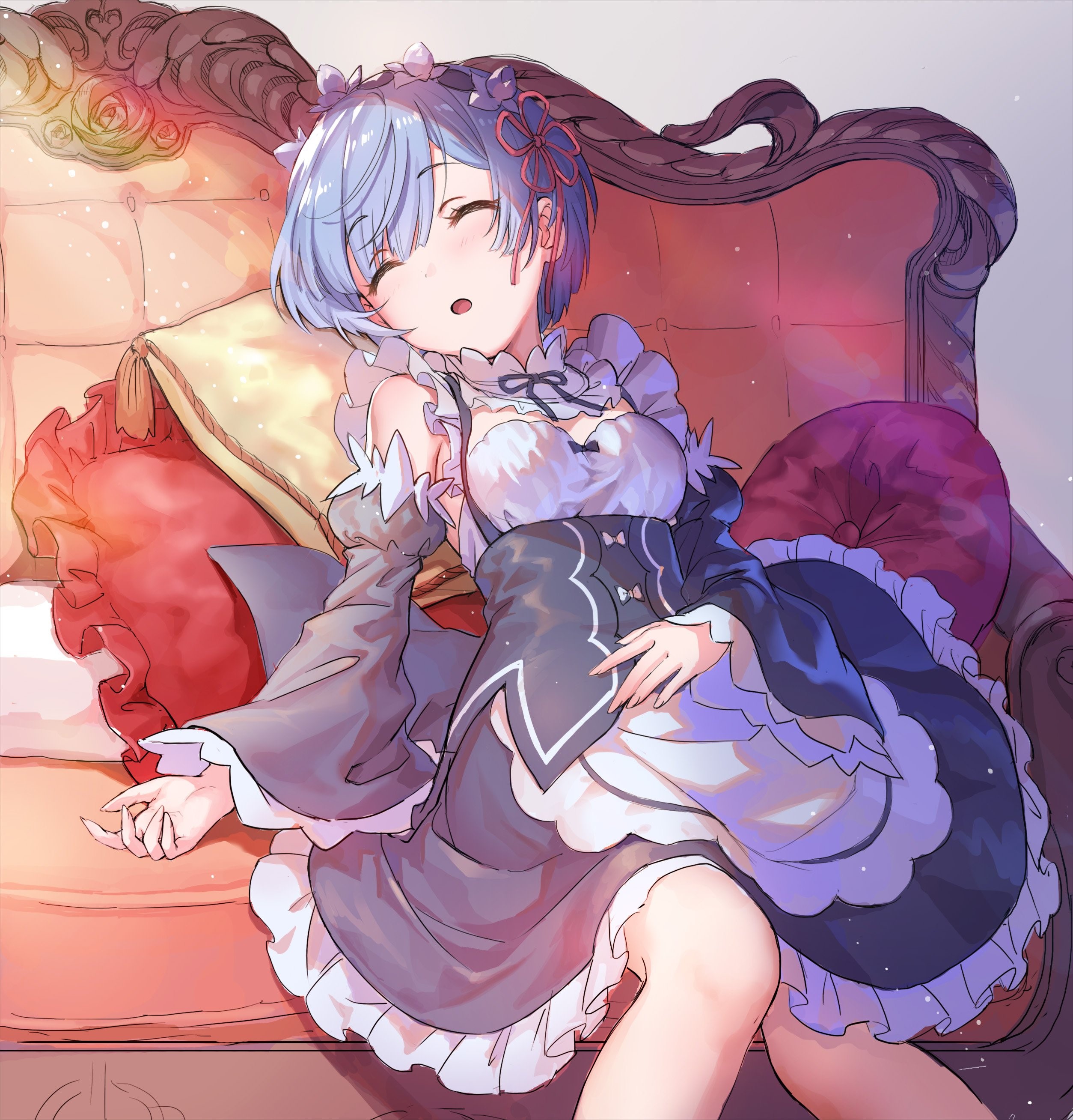 Re:Zero Kara Hajimeru Isekai Seikatsu, anime girls, digital art, fan art, 2D, maid outfit, short hair, sleep, lying down, blue hair, Rem (Re: Zero), HD Wallpaper