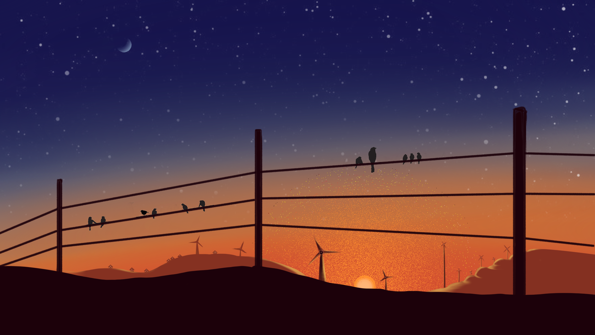 landscape, modern, birds, sunset, Moon, moonlight, sunlight, poles, windmill, hills, sky, HD Wallpaper