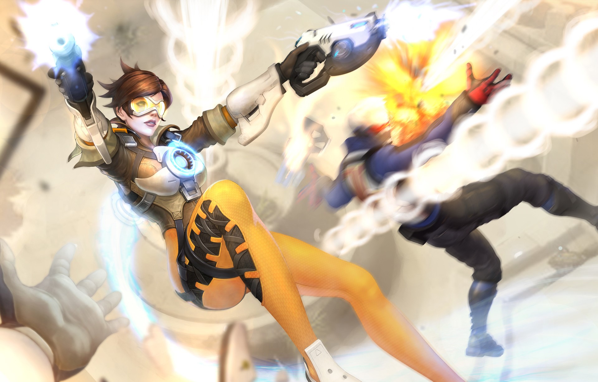 Yoon Lee, drawing, Overwatch, Tracer (Overwatch), women, short hair, brunette, visors, bodysuit, warrior, weapon, fighting, gun, Soldier: 76, motion blur, shooting, men, HD Wallpaper