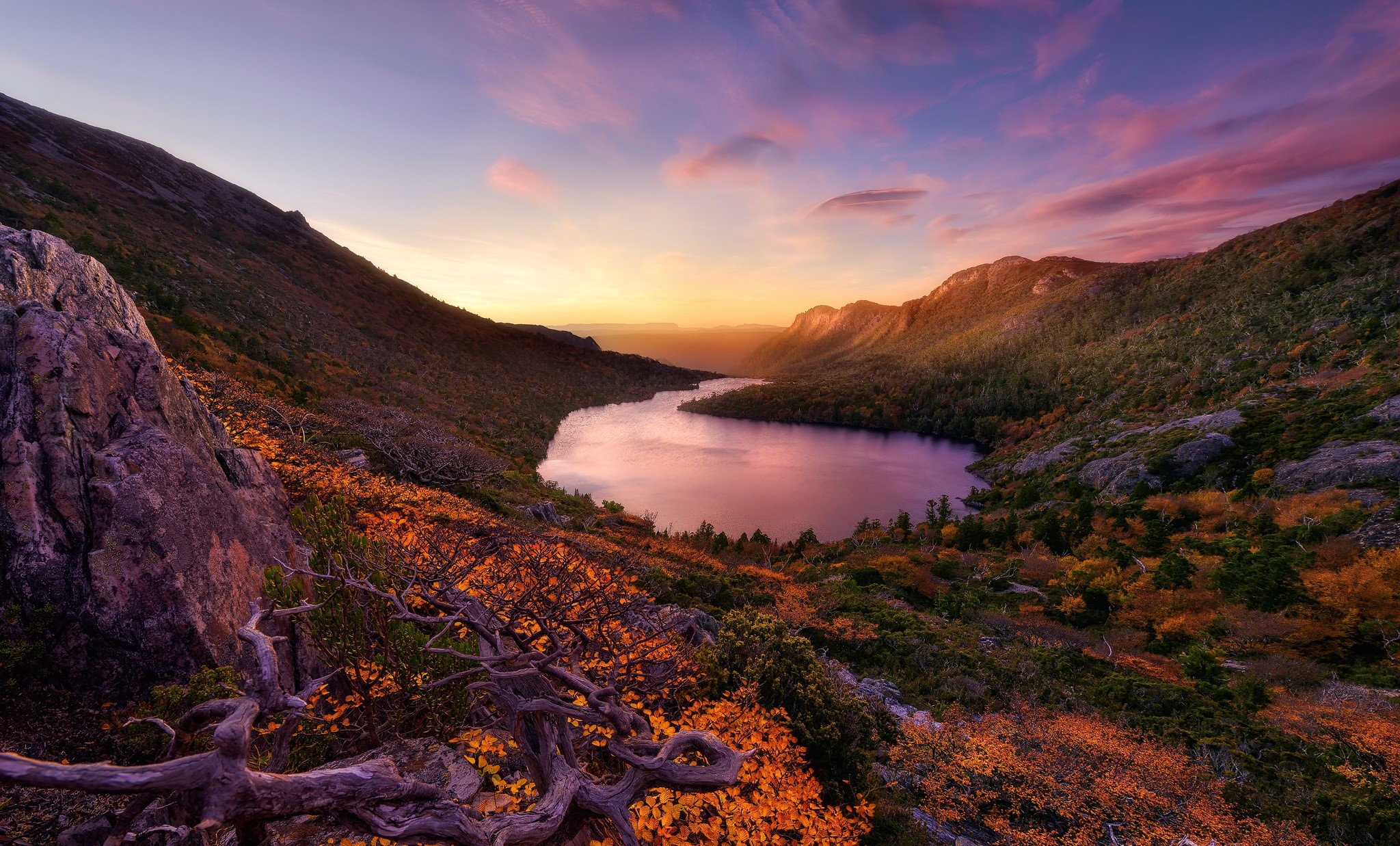 fall, landscape, nature, sunset, lake, HD Wallpaper