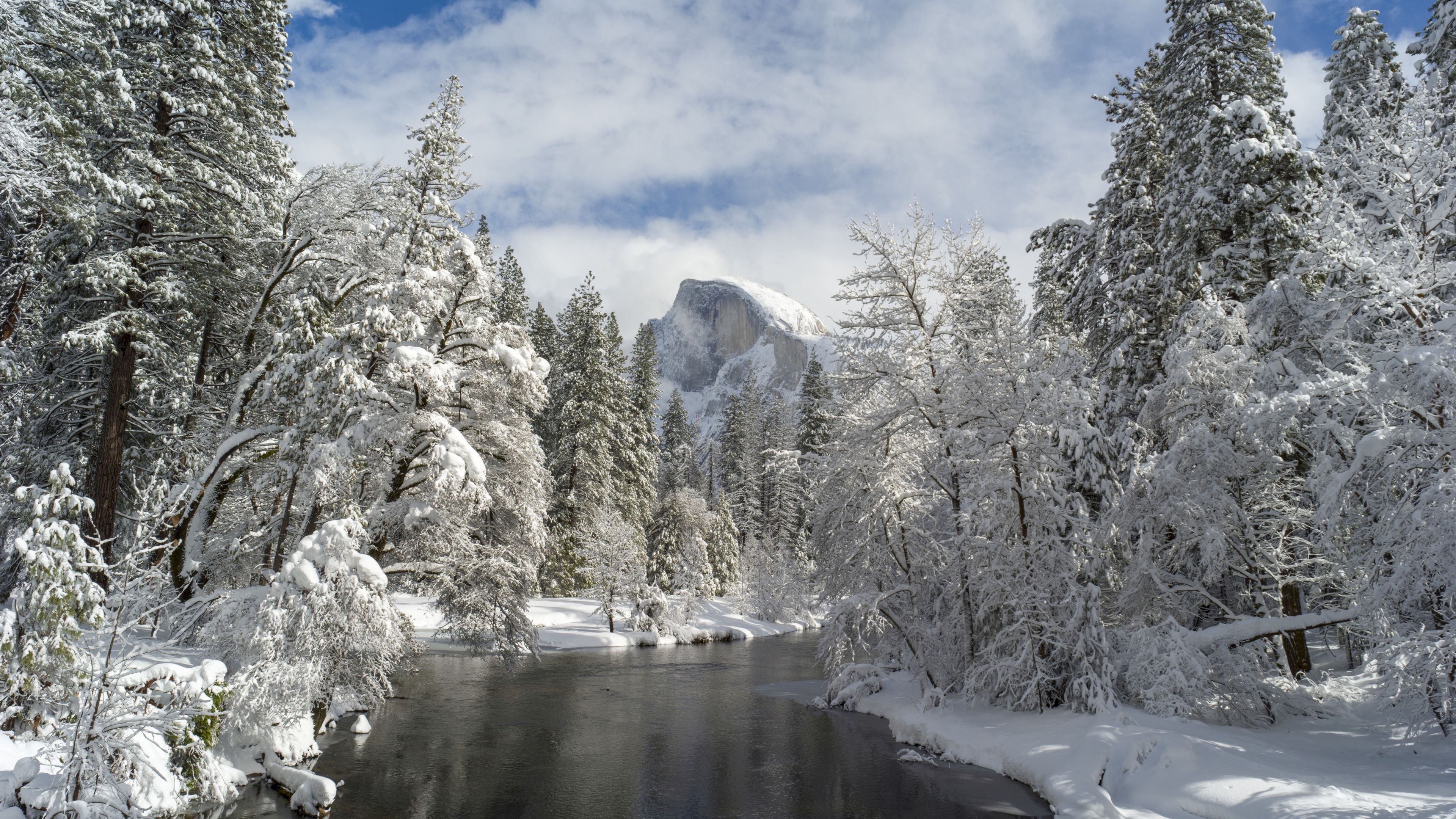 mountain, river, snow trees, valley, 4k, HD Wallpaper