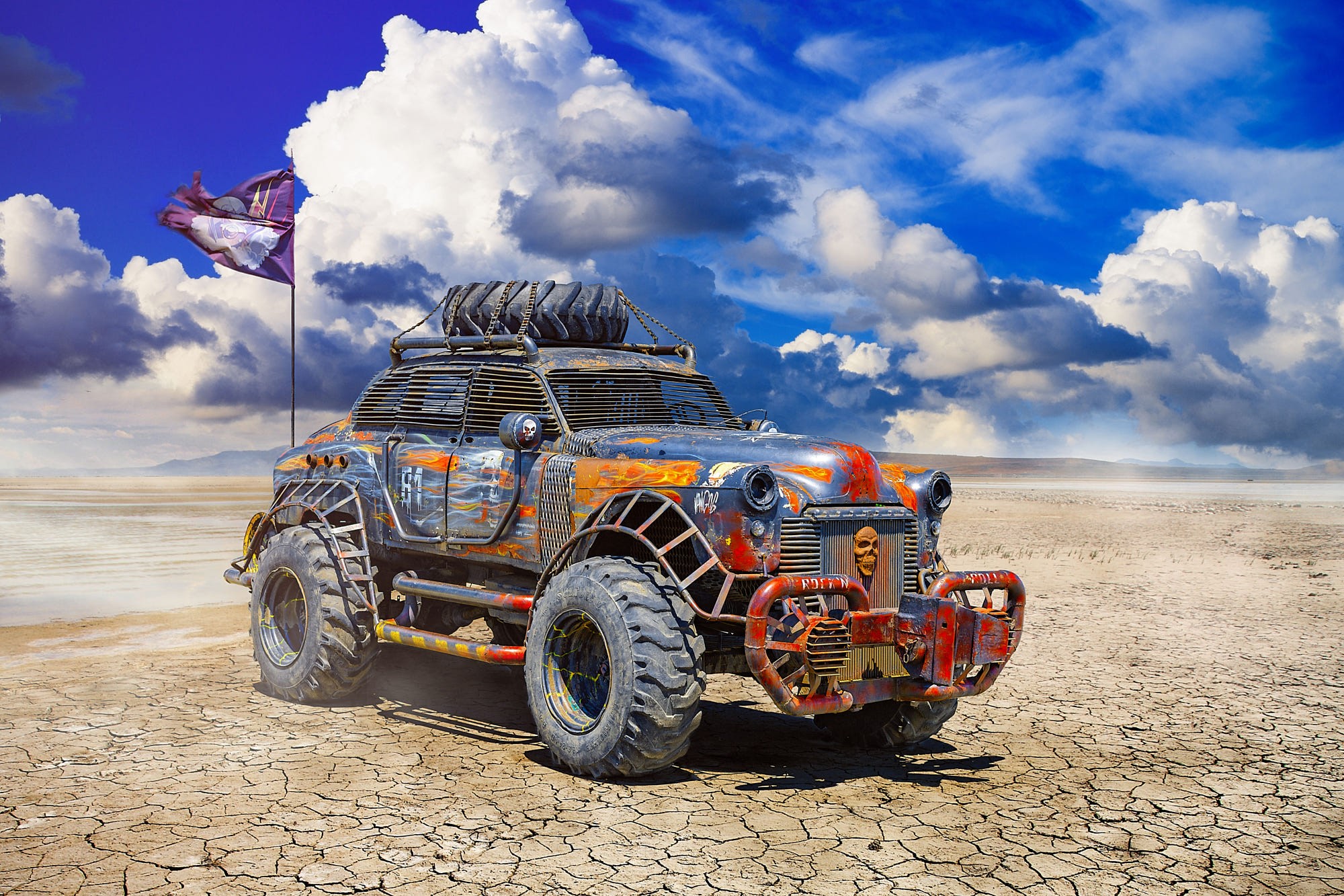 car, desolate, landscape, apocalyptic, punk, flag, desert, sky, clouds, wheels, chains, 4x4, front angle view, HD Wallpaper