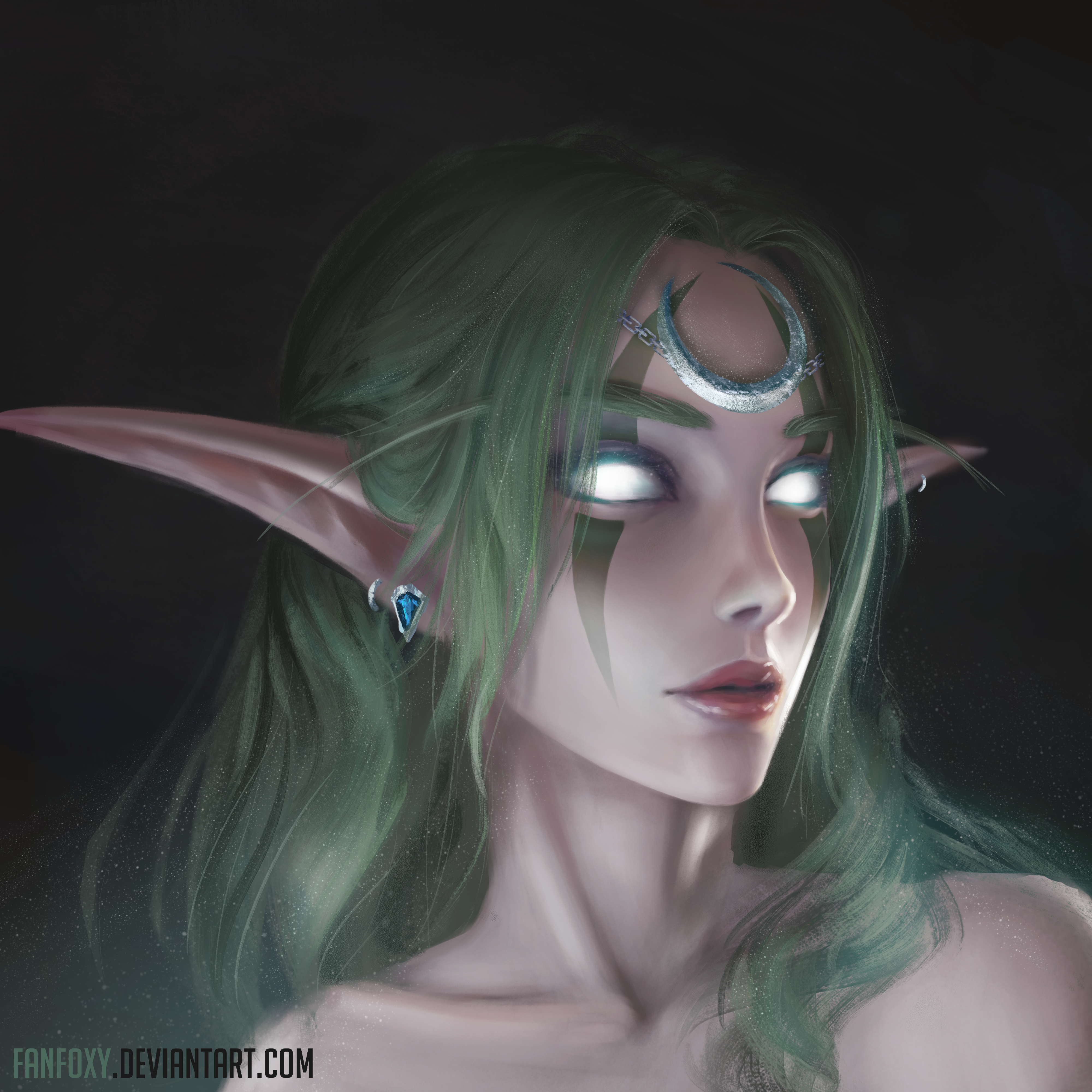 drawing, Night Elves, Fanfoxy, women, elves, Warcraft, long hair, wavy hair, green hair, bright, glowing eyes, Half Moon, tiaras, portrait, face paint, HD Wallpaper