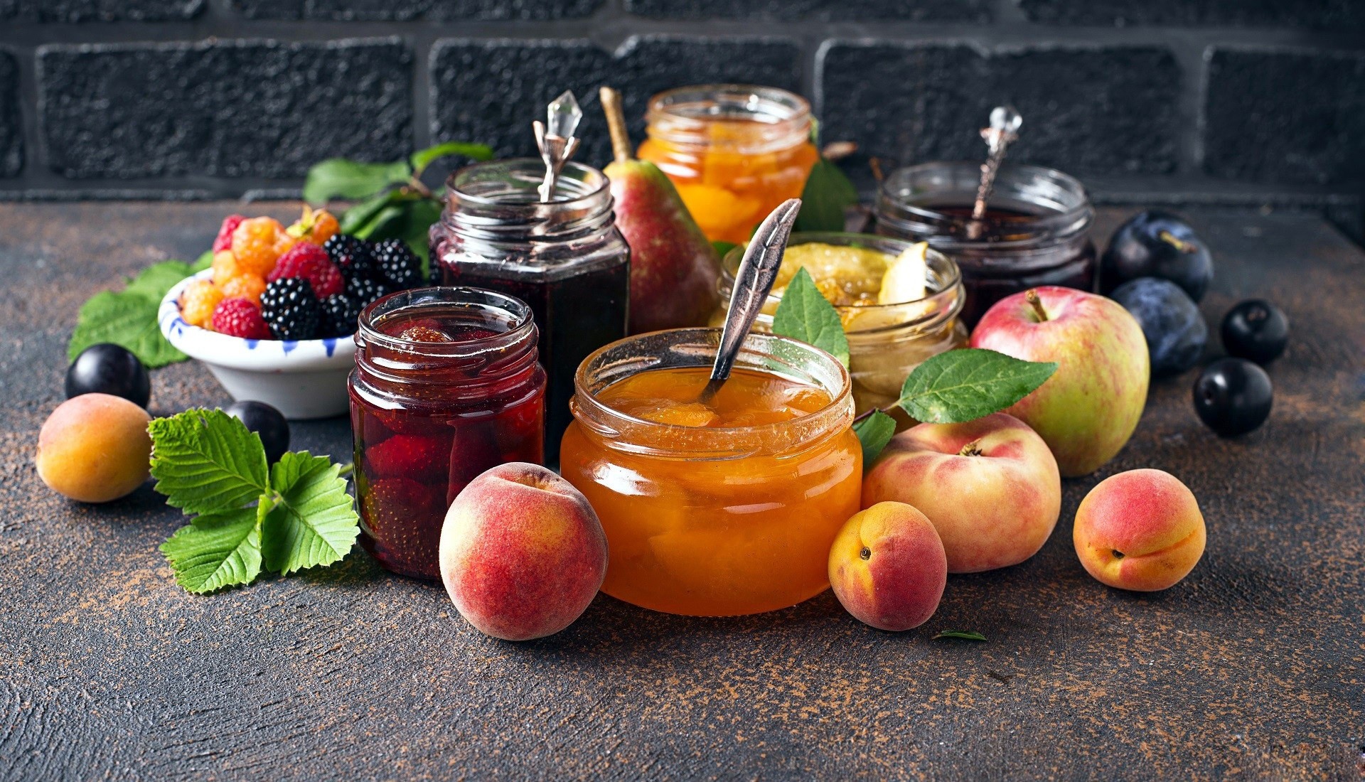 food, fruit, still life, apples, marmalade, Jam, jelly, peaches, blackberries, raspberries, Plums (Fruits), pears, mint leaves, HD Wallpaper