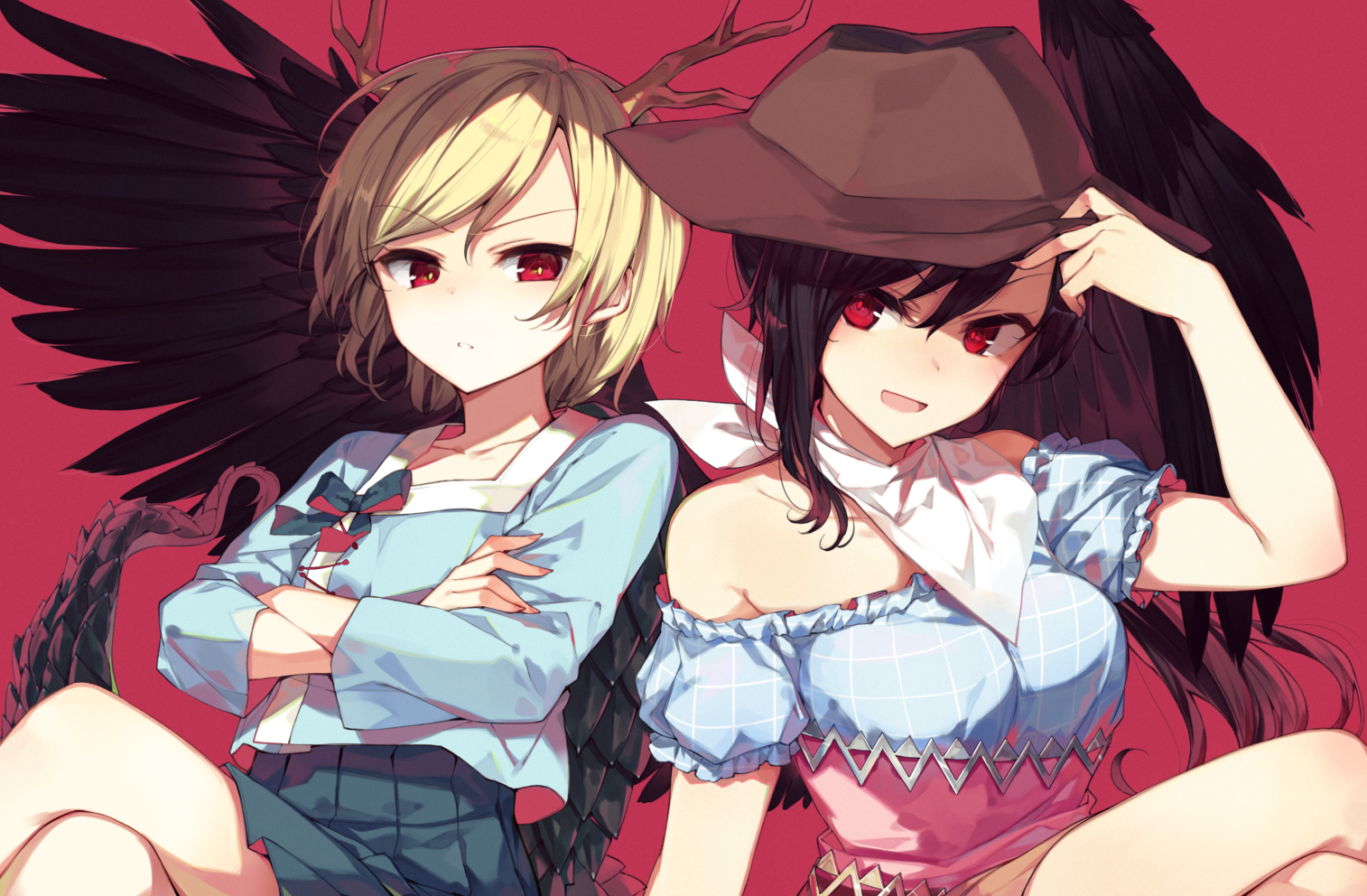 Touhou, blonde, black hair, short hair, red eyes, braids, wings, hat, skirt, horns, ponytail, HD Wallpaper