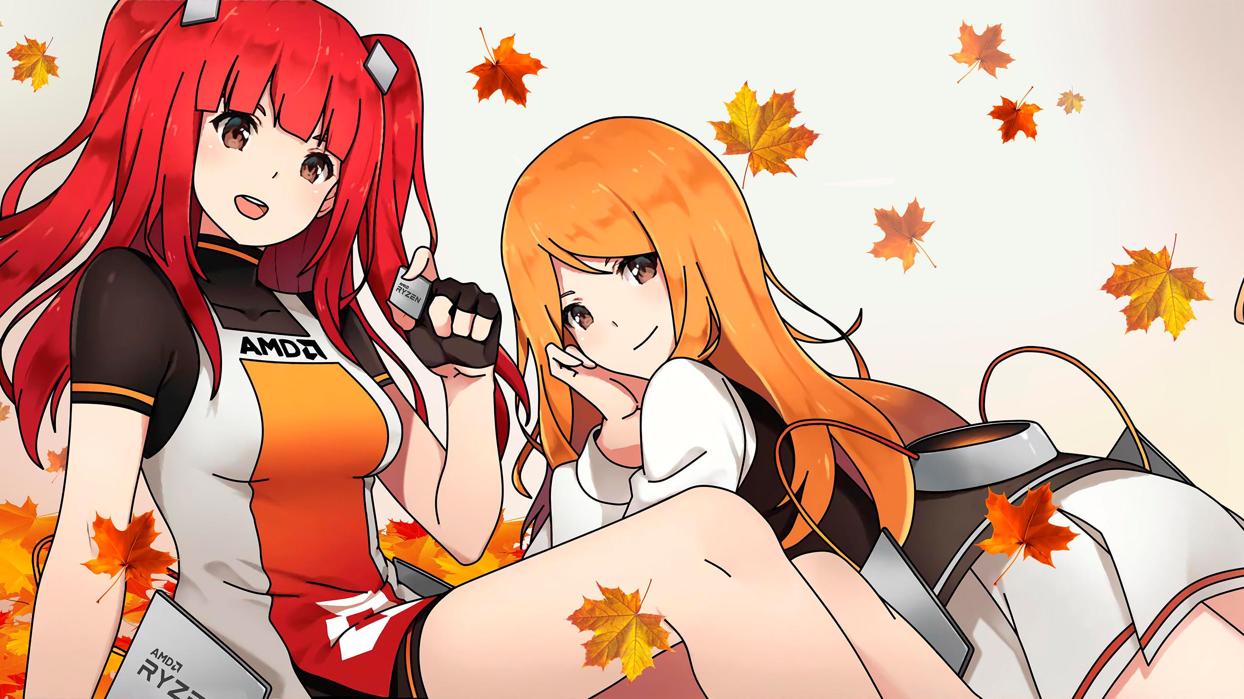 AMD, zenka, ryfa, long hair, looking at viewer, fringe hair, Smile, brown eyes, sitting, redhead, lying down, bent legs, knees, legs, arm support, dress, skirt, gloves, shirt, boots, shorts, black gloves, white shirt, wire, white skirt, fall, amd chan, RYZEN, HD Wallpaper