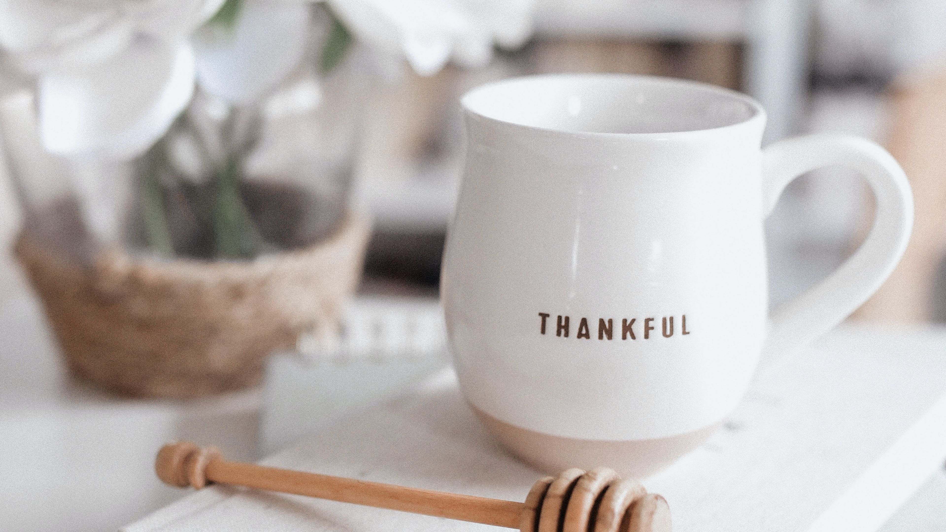 thankful, word, cup, white, 4k, HD Wallpaper