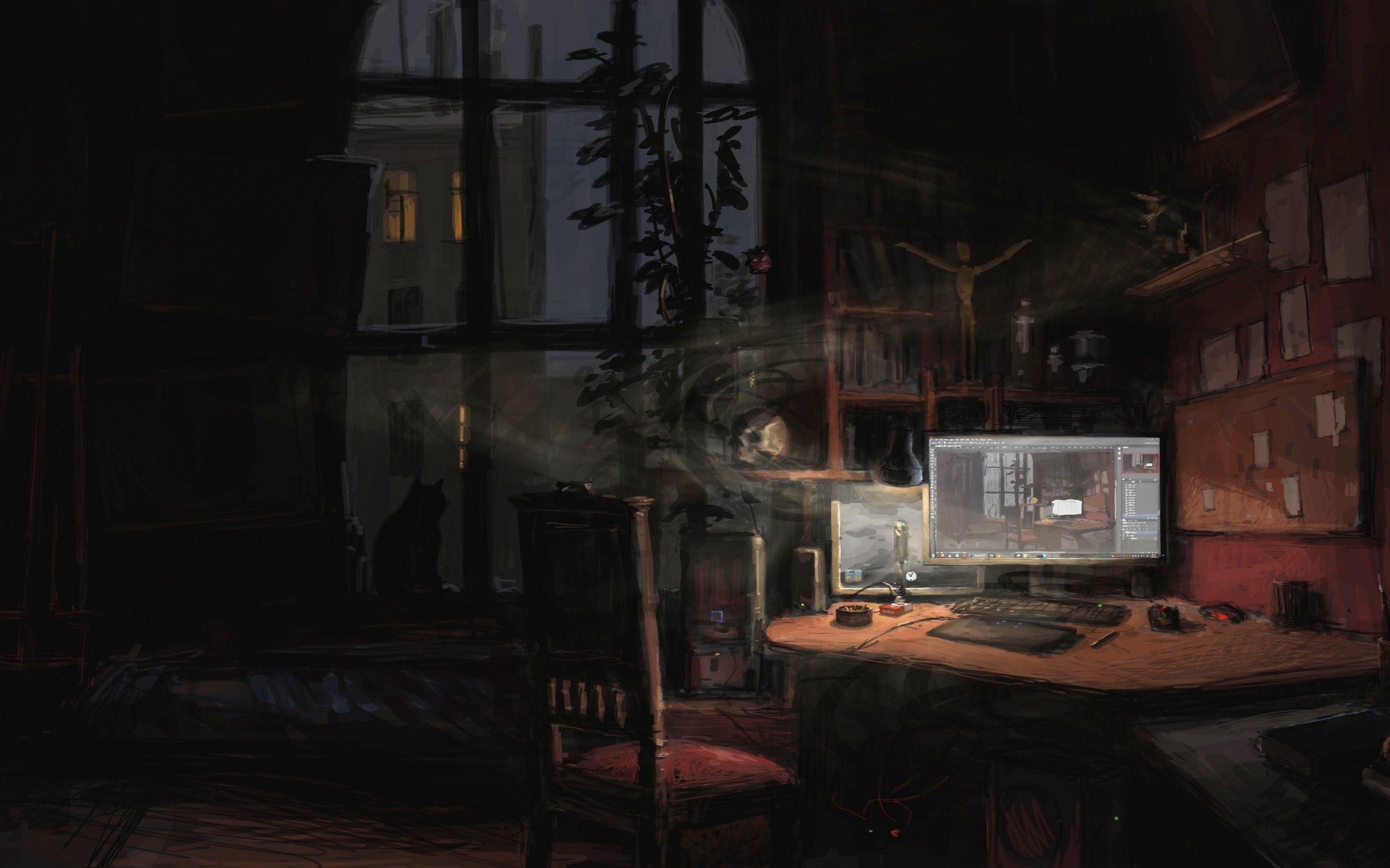 night, computer, drawing, black cats, cigarettes, skull, lamp, graphics tablets, recursion, dark, picture-in-picture, artwork, HD Wallpaper