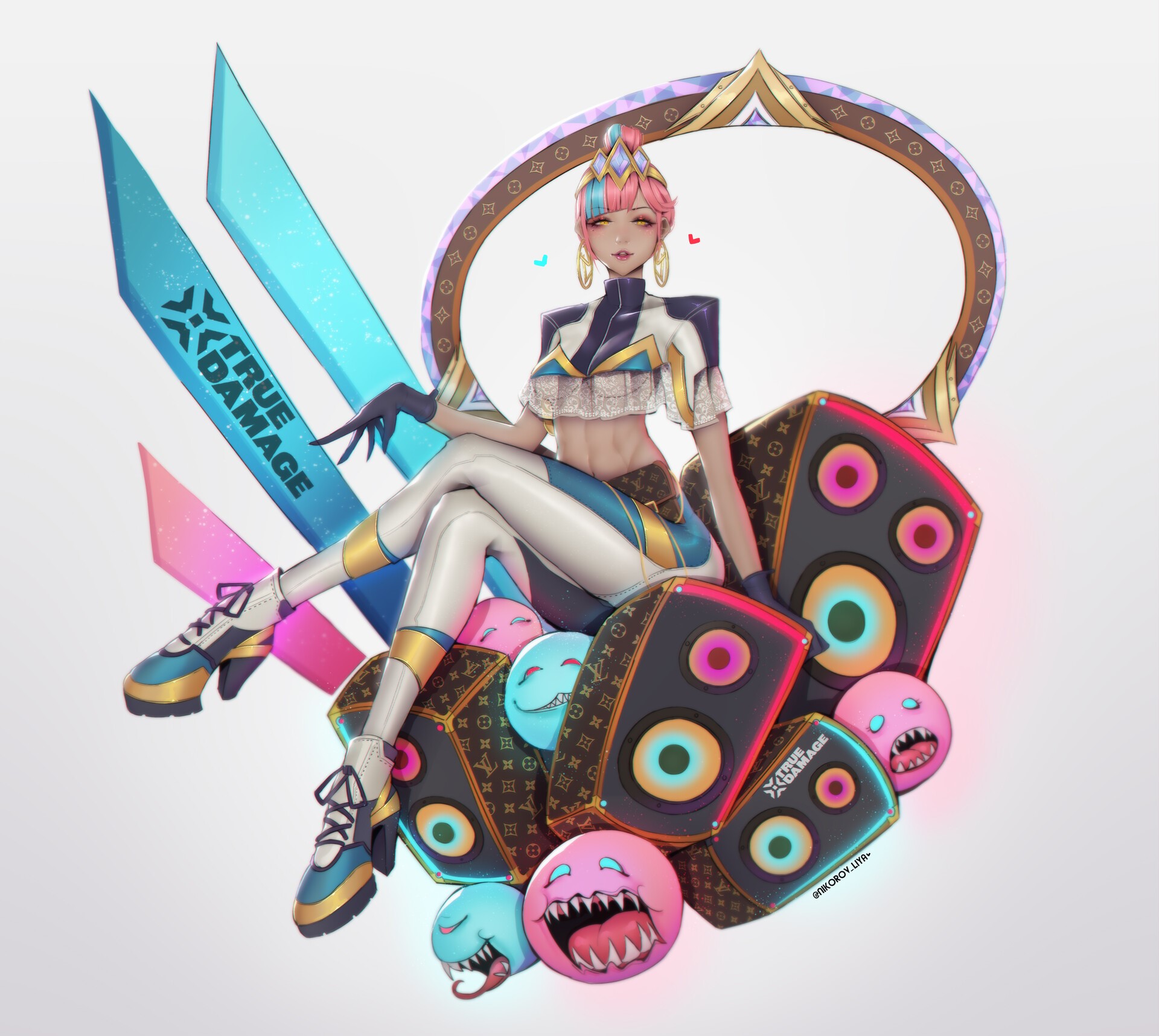 Liya Nikorov, drawing, women, pink hair, multicolored hair, blue hair, hair accessories, high heels, boombox, pink, blue, legs crossed, gold, jewelry, earring, hoop earrings, gloves, simple background, white background, Qiyana (League of Legends), True Damage, HD Wallpaper