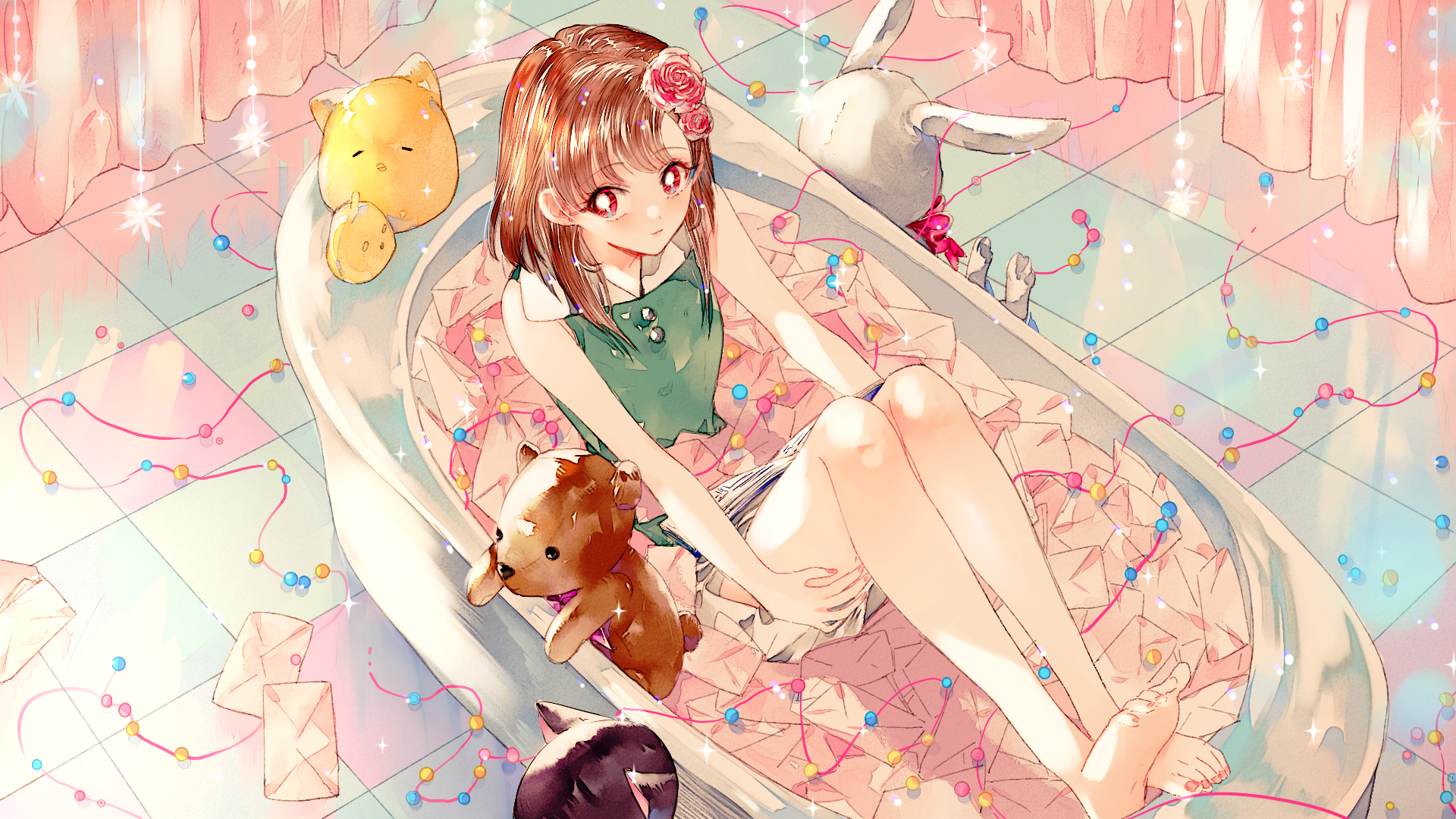 anime girls, anime, in bathtub, teddy bears, bathtub, red eyes, flower in hair, barefoot, HD Wallpaper