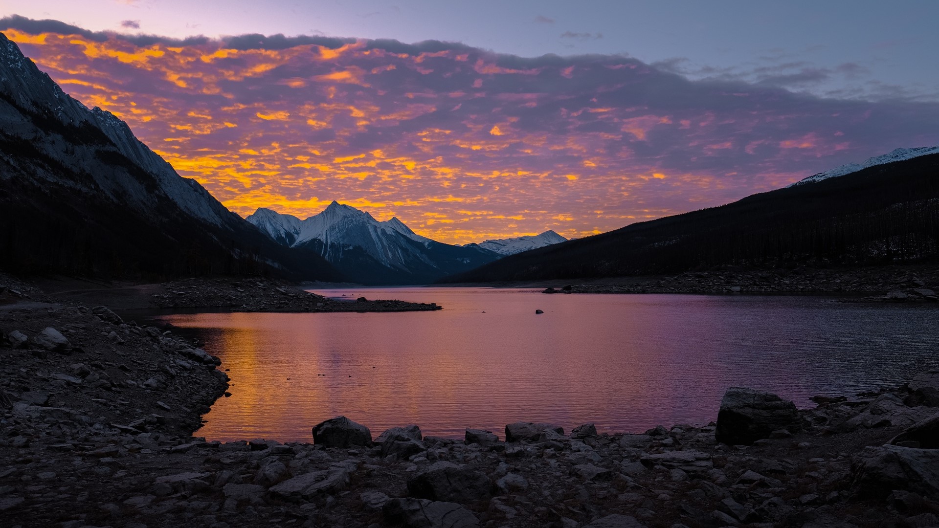 mountains, lake, sunset, landscape, HD Wallpaper