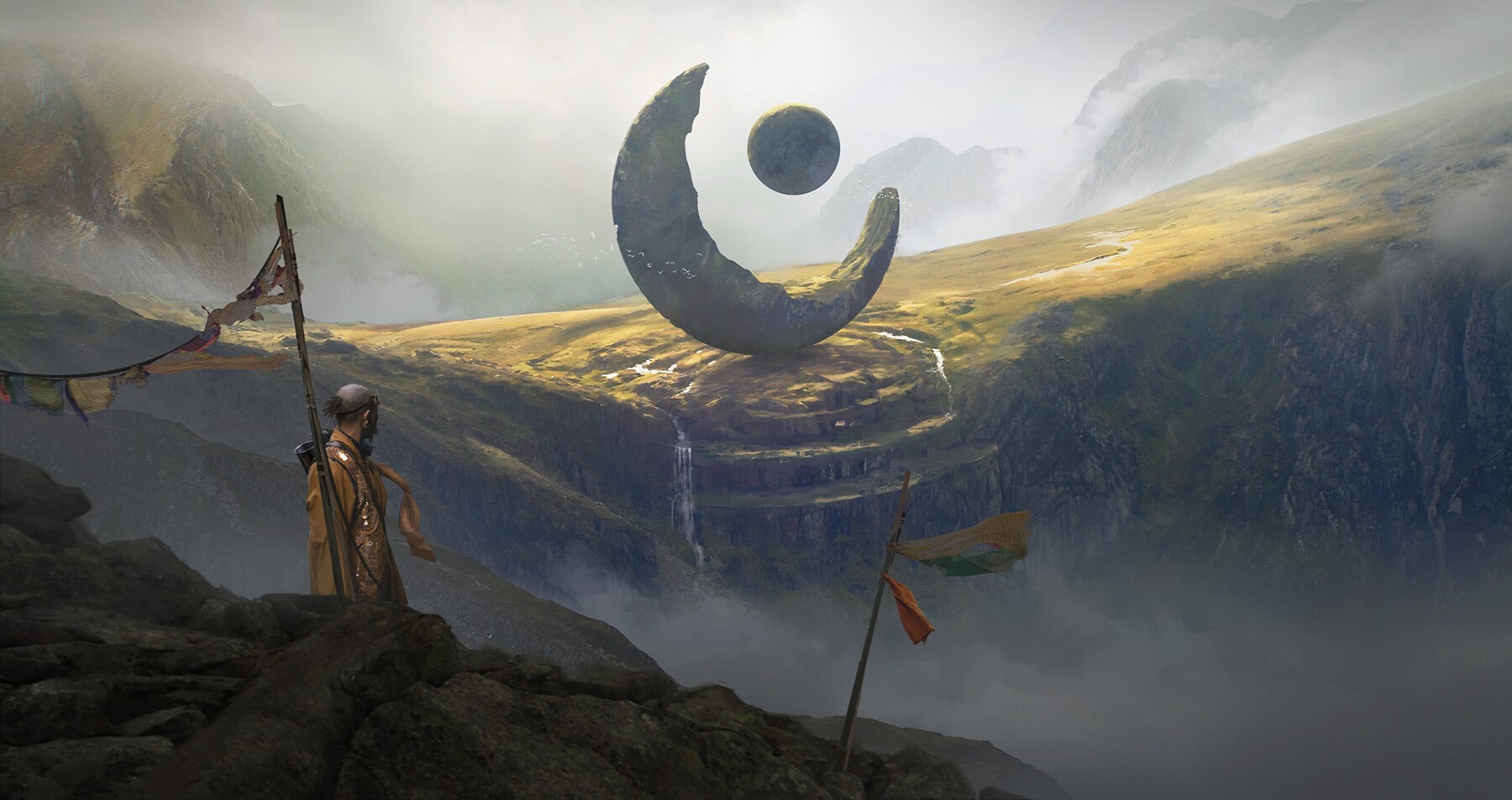 artwork, mountains, crescent moon, Andy Walsh, HD Wallpaper