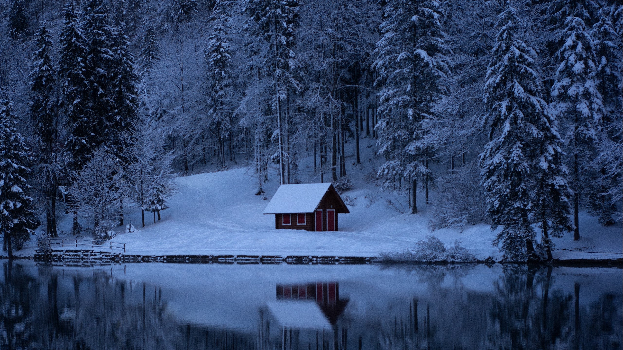lake, water, winter, snow, trees, nature, building, HD Wallpaper