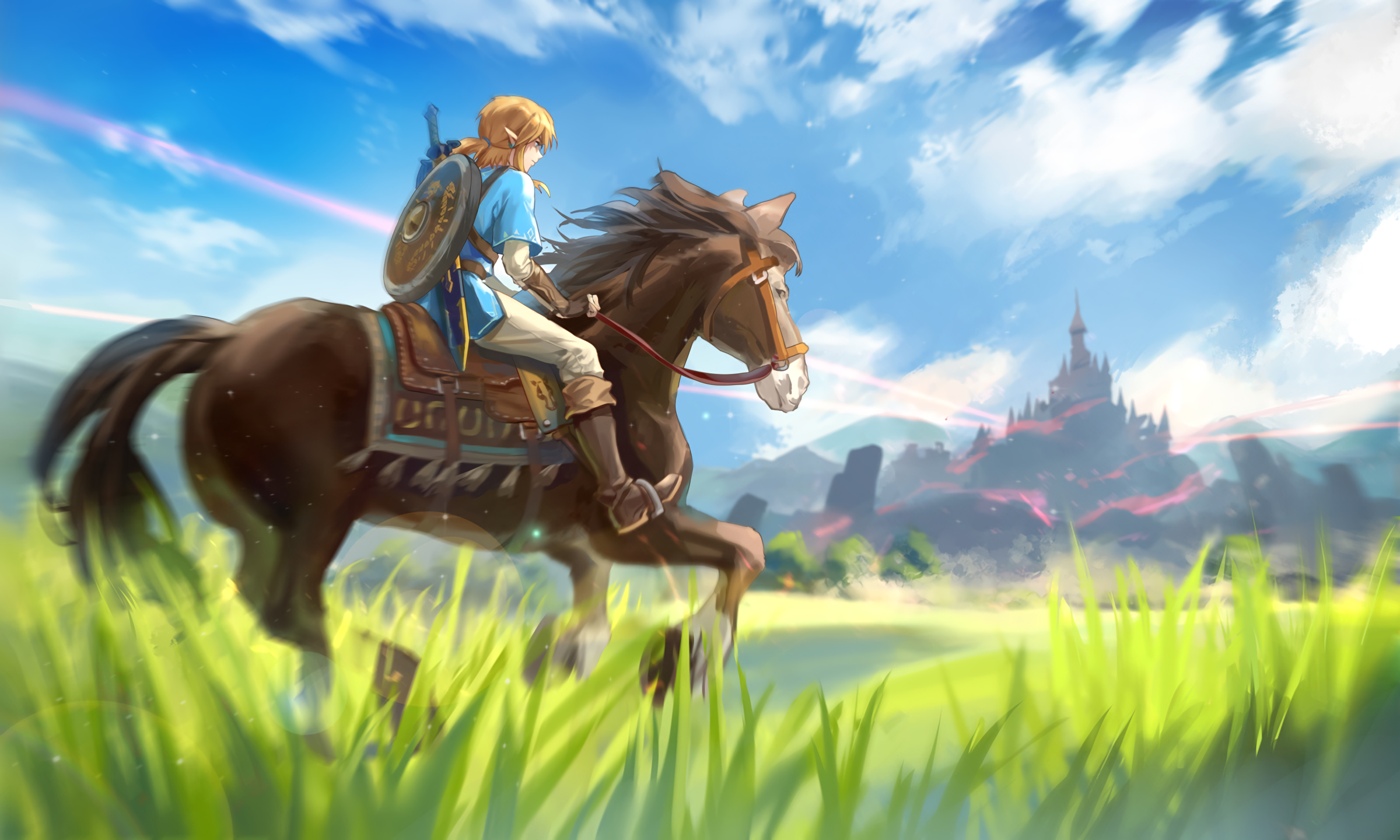 The Legend of Zelda, The Legend of Zelda: Breath of the Wild, video games, video game art, Link, horse riding, horse, sword, shield, grass, Nintendo, HD Wallpaper