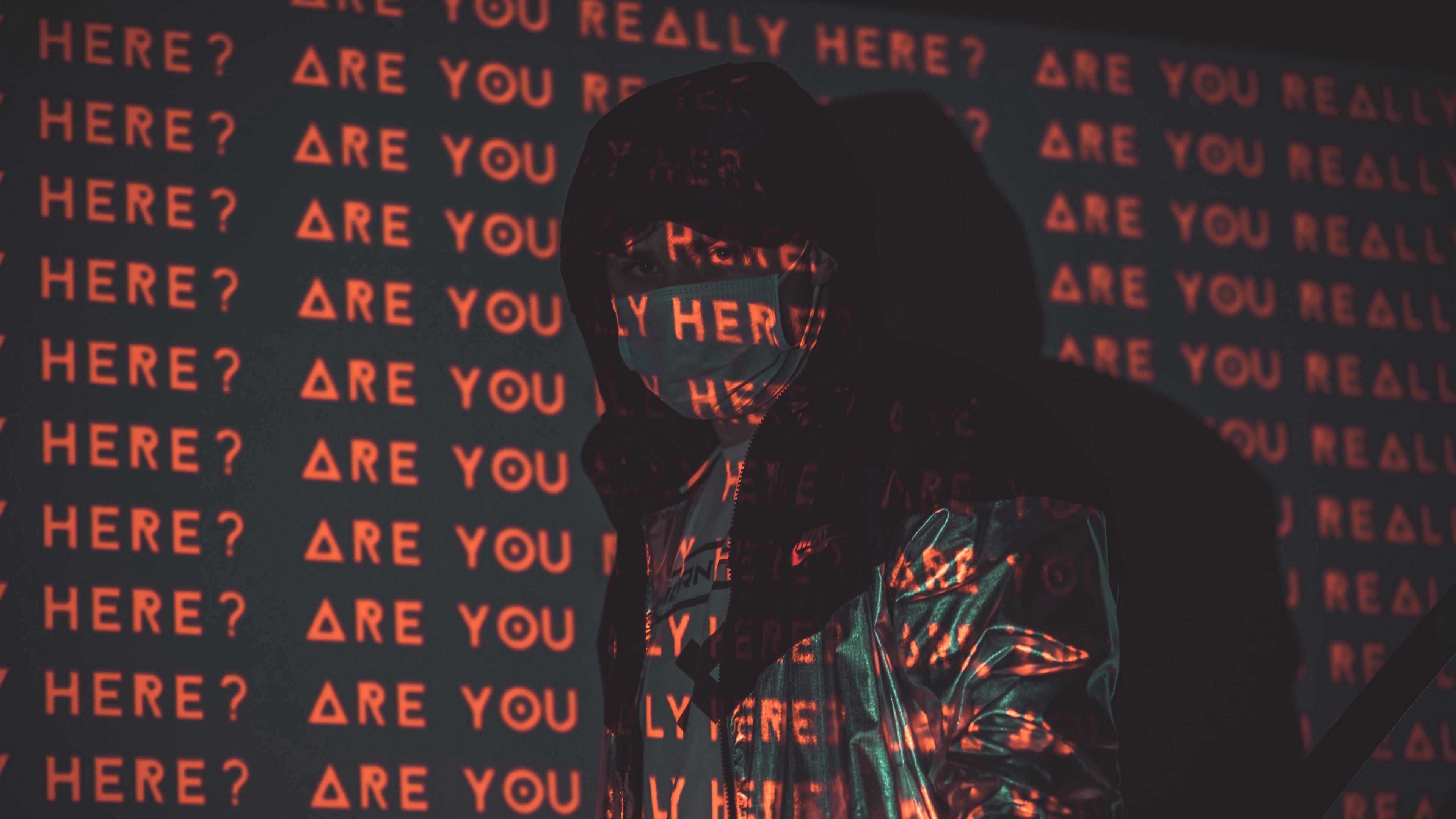 man, projection, text, mask, 4k, HD Wallpaper