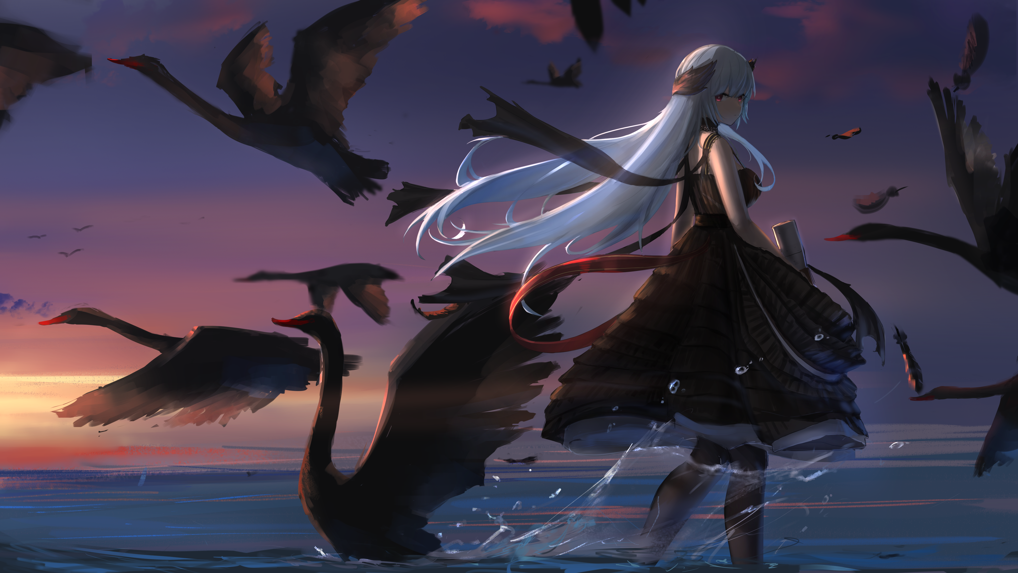 anime, anime girls, fantasy girl, birds, long hair, red eyes, animals, HD Wallpaper