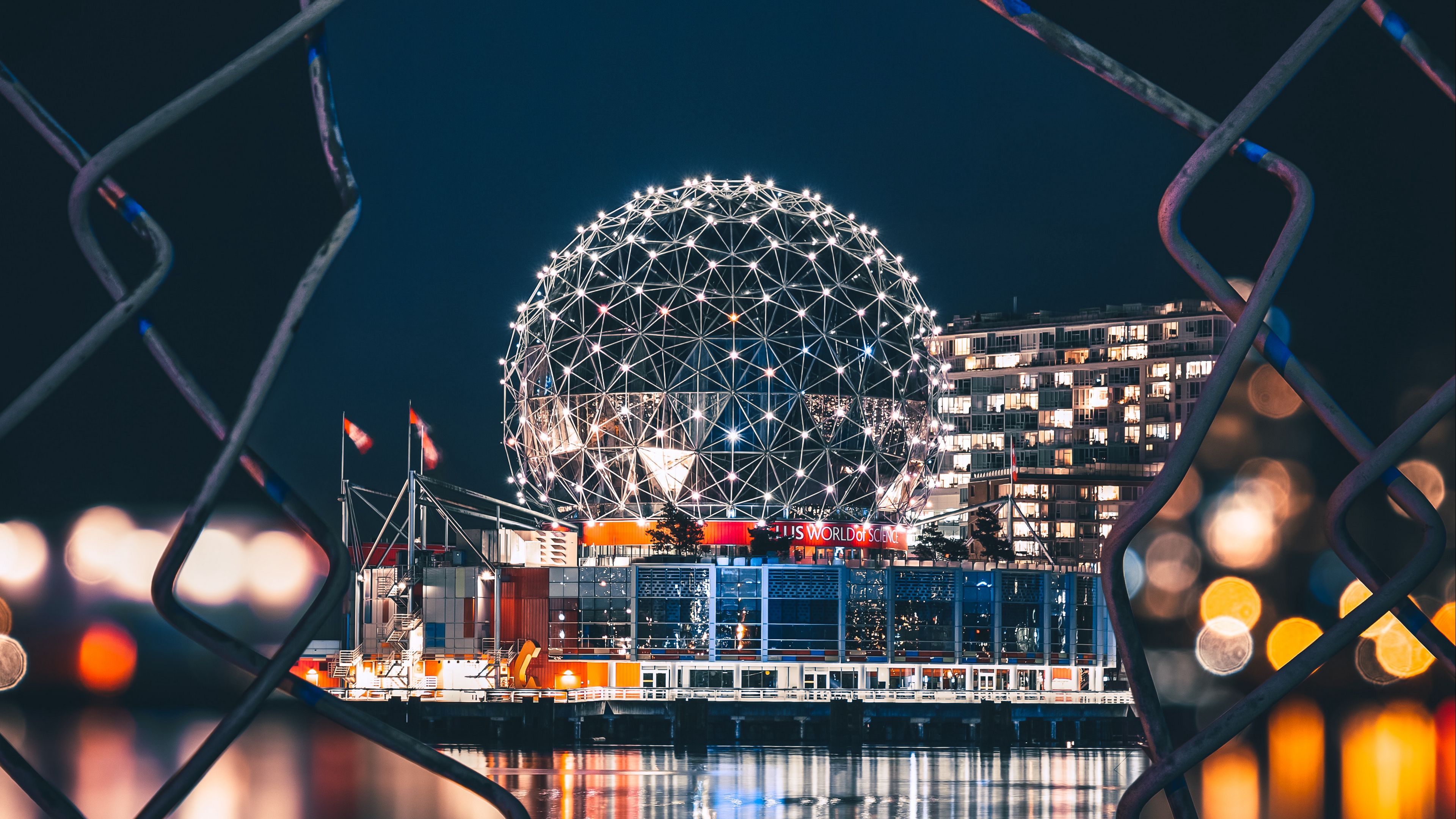night city, architecture, fence, city lights, vancouver, canada, 4k, HD Wallpaper
