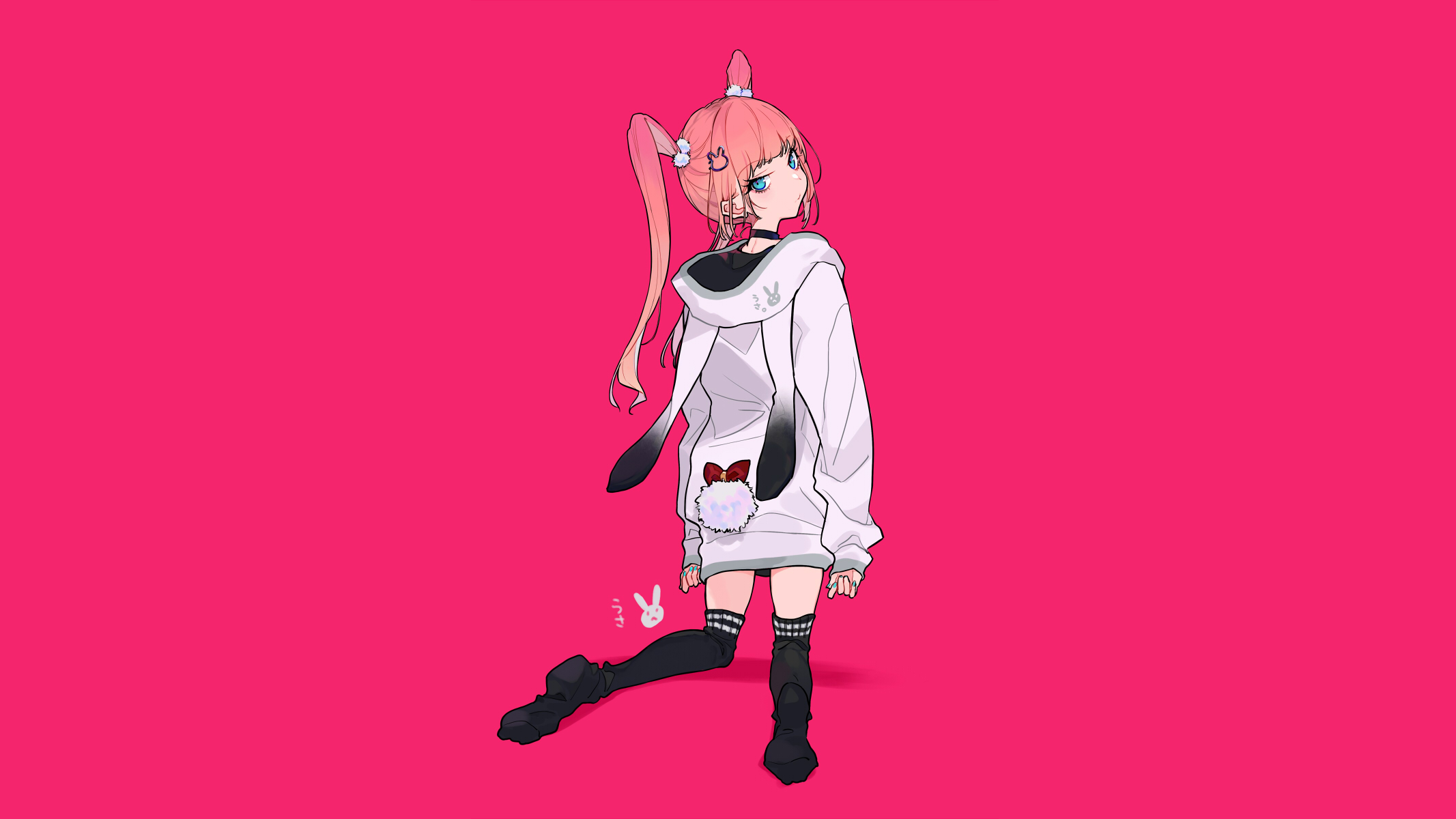 anime, original characters, pink background, pink hair, twintails, looking at viewer, looking over shoulder, angry, blue eyes, sweatshirts, hoods, thigh-highs, kneeling, hair pins, simple background, 2D, artwork, illustration, digital art, drawing, pink, anime girls, HD Wallpaper