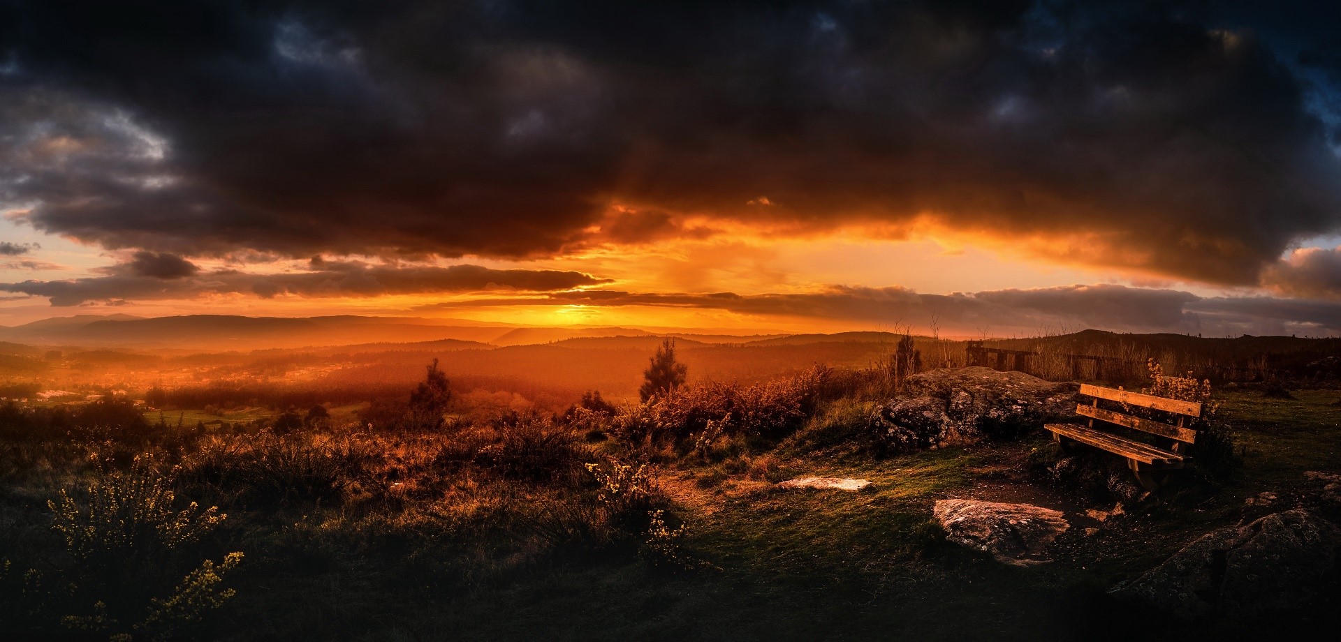 dark, sky, bench, sunlight, nature, HD Wallpaper
