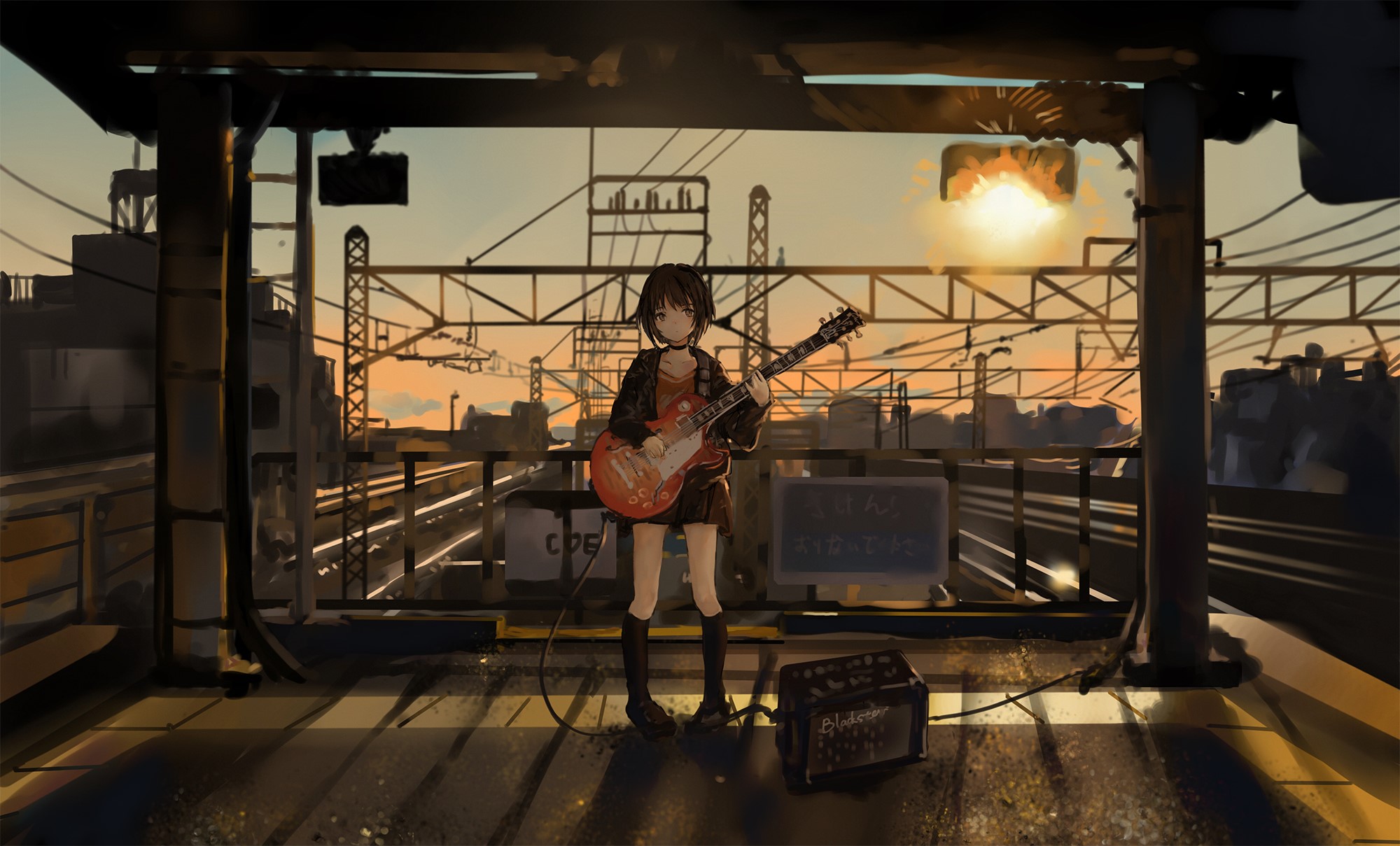 anime, anime girls, catzz, guitar, music, railway, HD Wallpaper