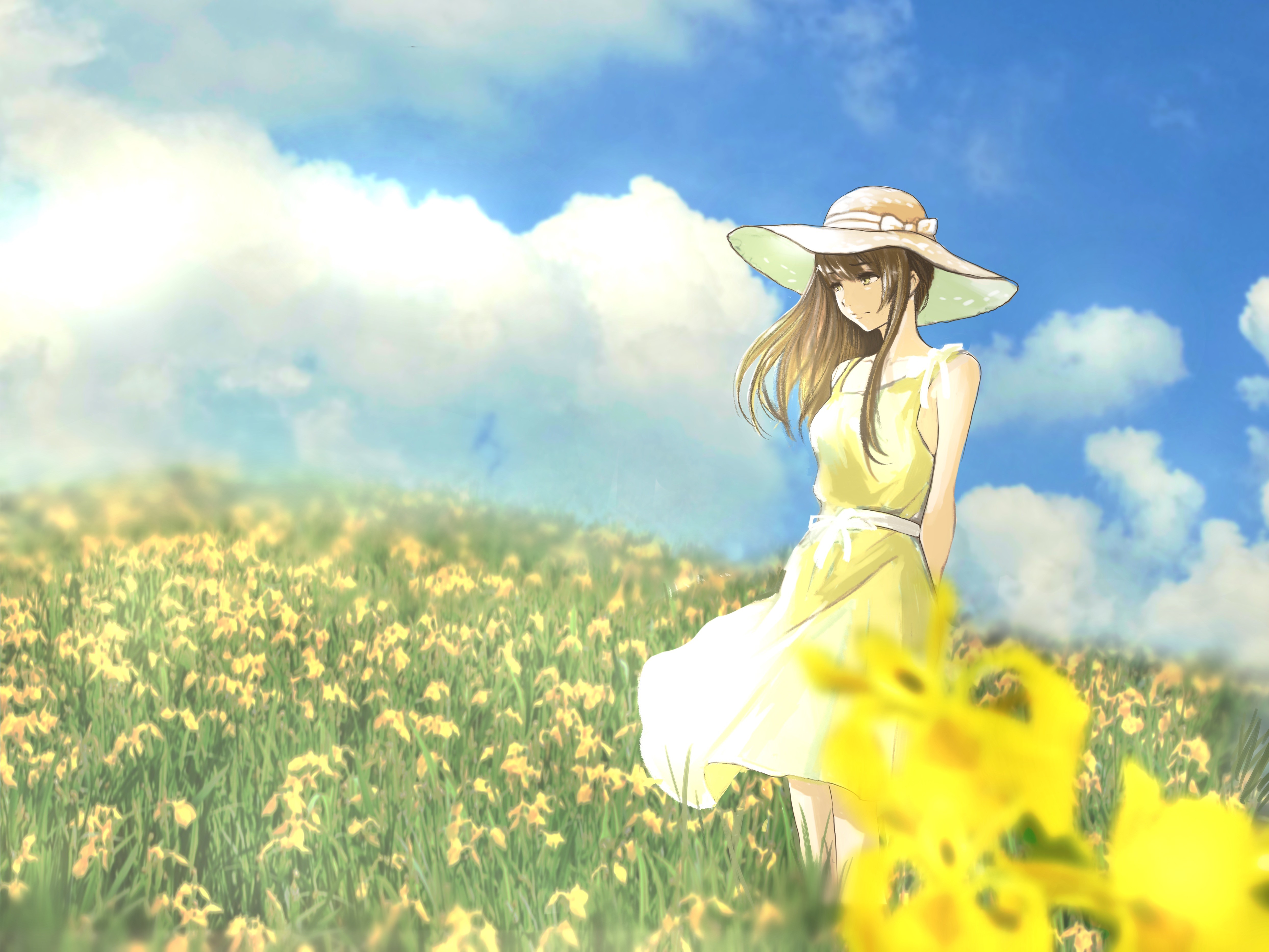 anime, landscape, sky, clouds, dress, HD Wallpaper