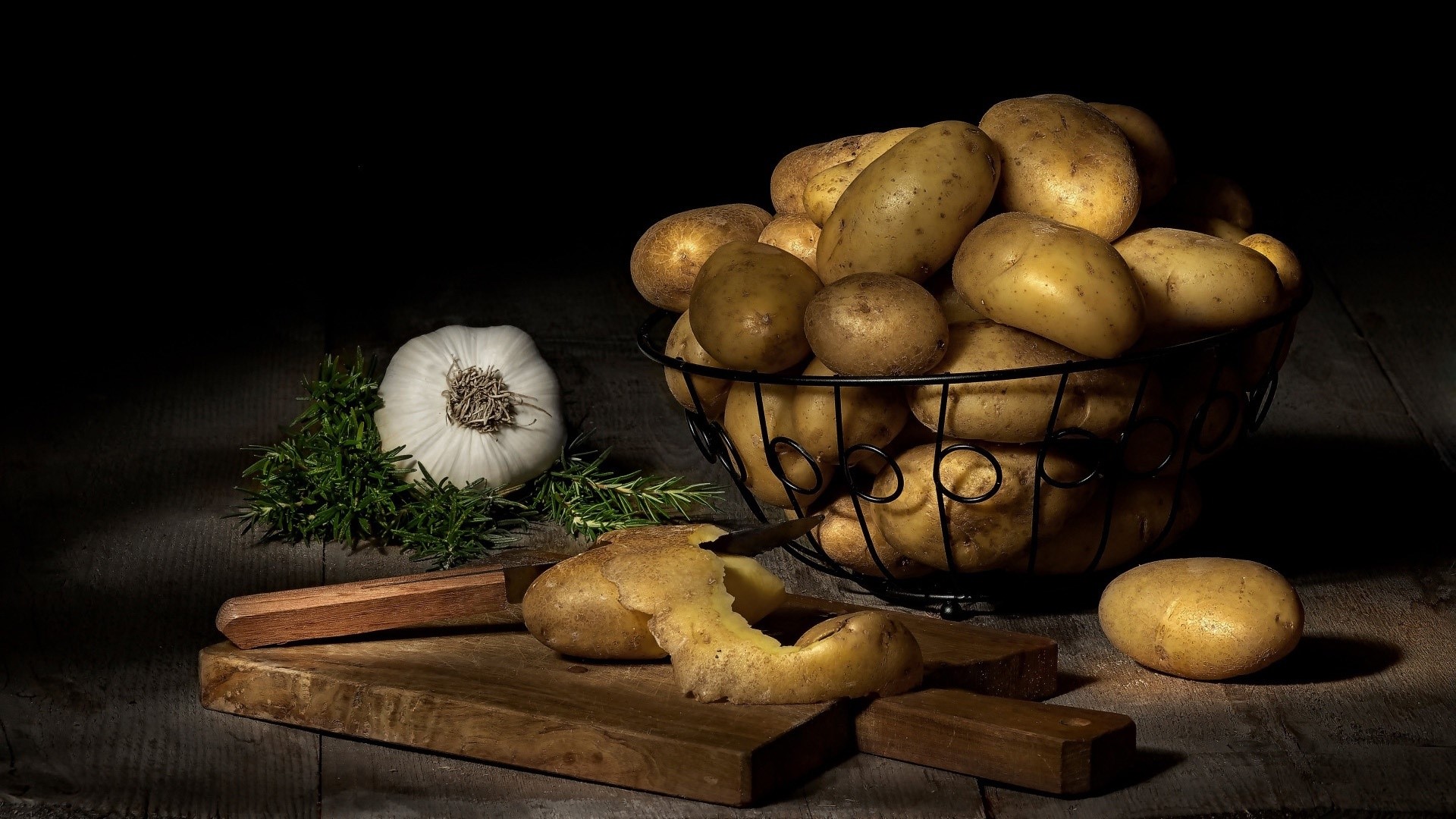 still life, potatoes, vegetables, food, Garlic, cutting board, knife, baskets, rosemary, HD Wallpaper