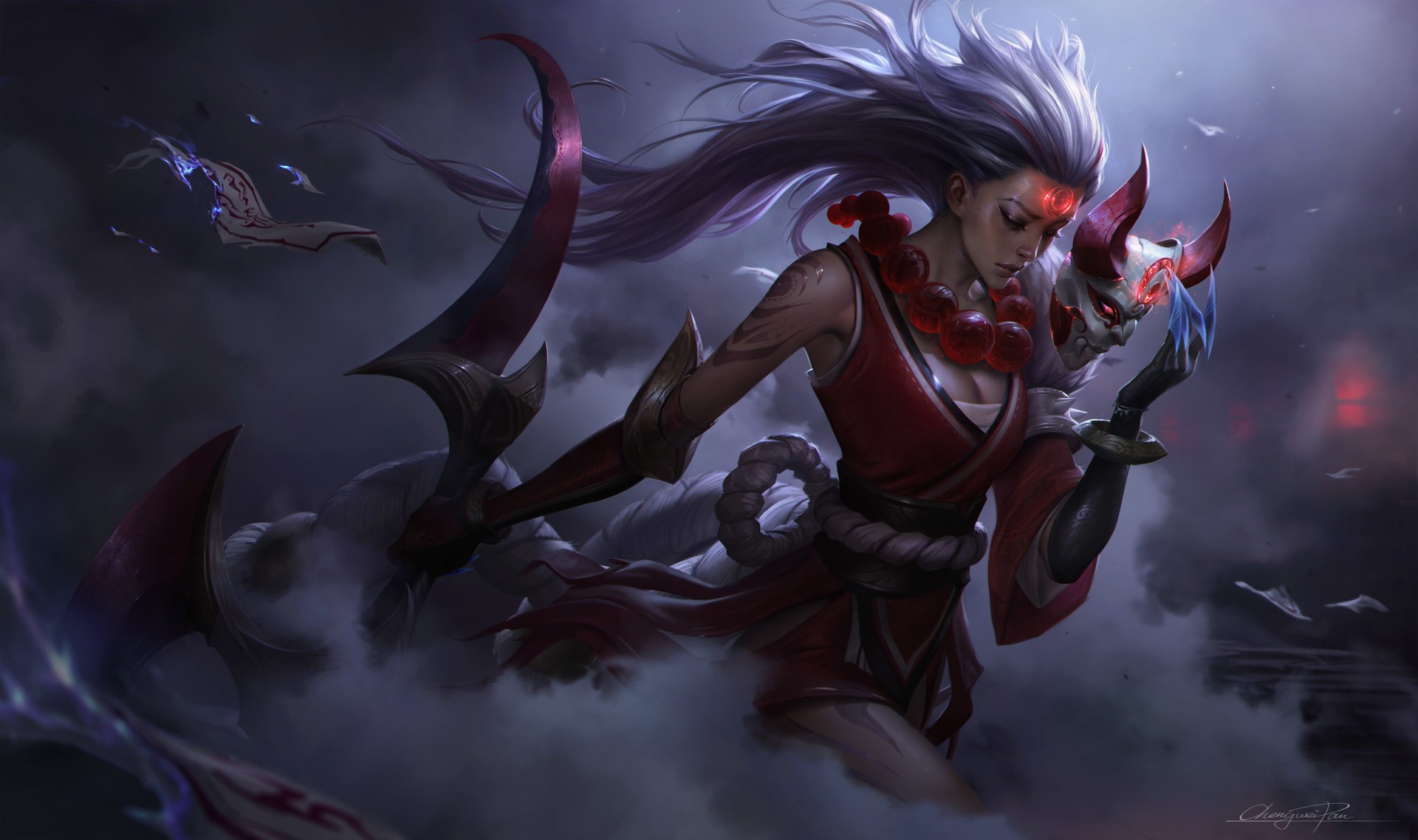 Chengwei Pan, League of Legends, Diana (league Of Legends, women, drawing, silver hair, long hair, wind, mask, Moon, Half Moon, dust, clouds, kimono, tattoo, sickle, weapon, belt, ropes, red, beads, glowing, warrior, HD Wallpaper