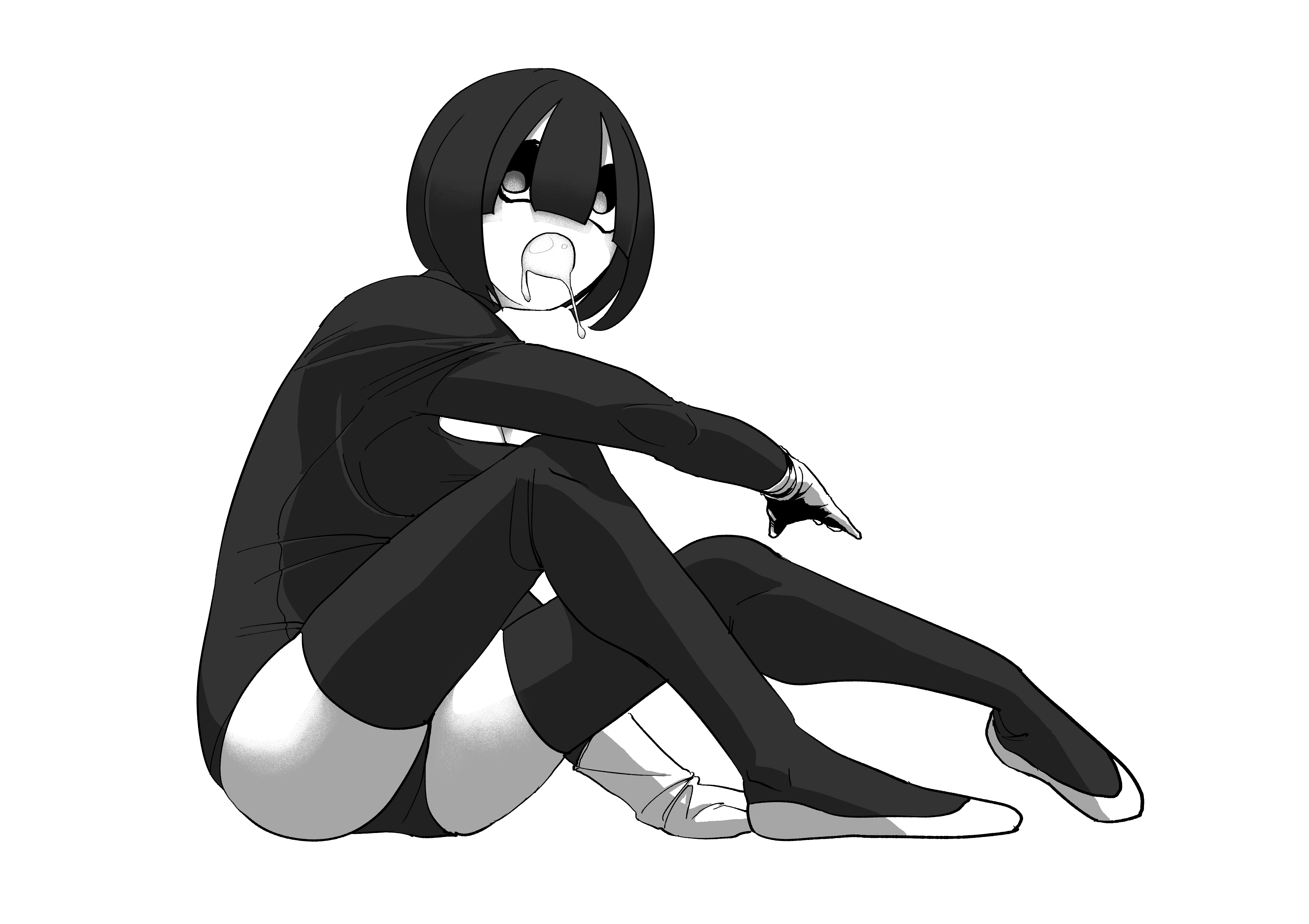 monochrome, stockings, simple background, black hair, artwork, HD Wallpaper