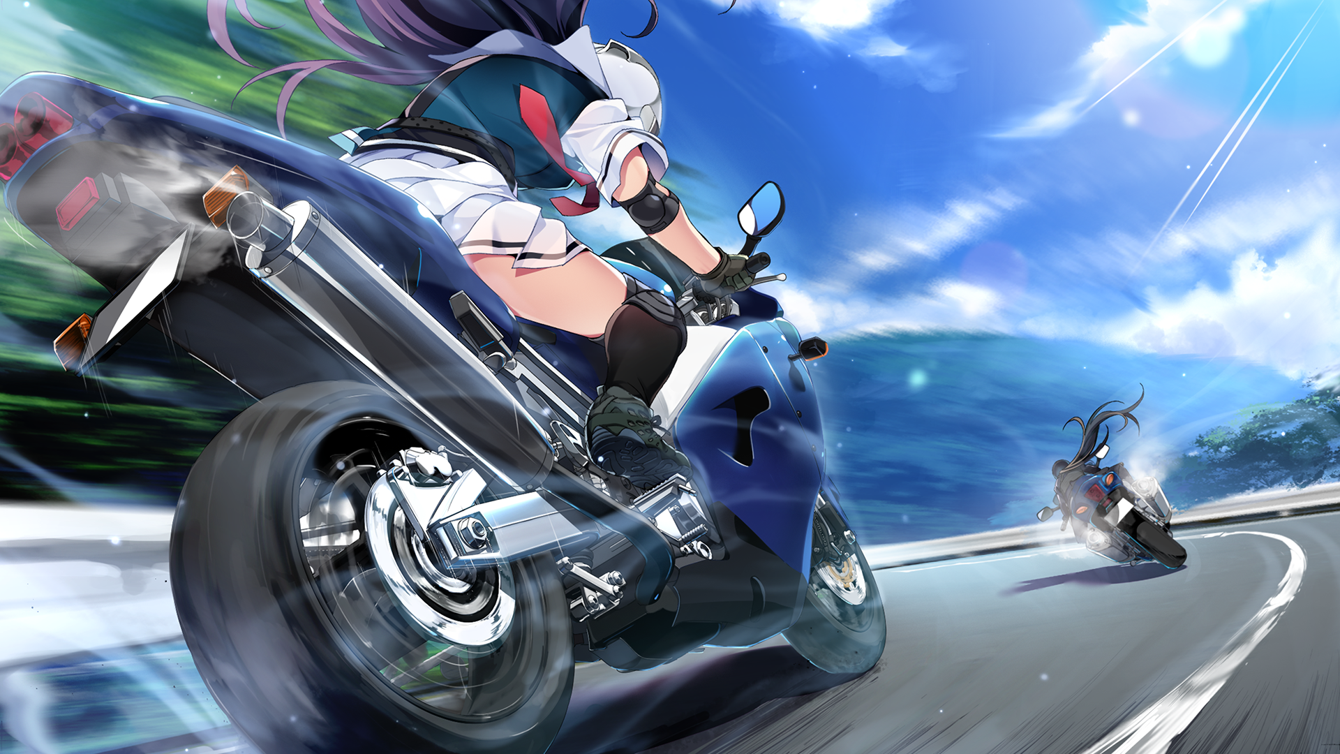 motorcycle, purple hair, thigh-highs, clouds, helmet, racing, speeder bike, Grisaia Phantom Trigger, HD Wallpaper
