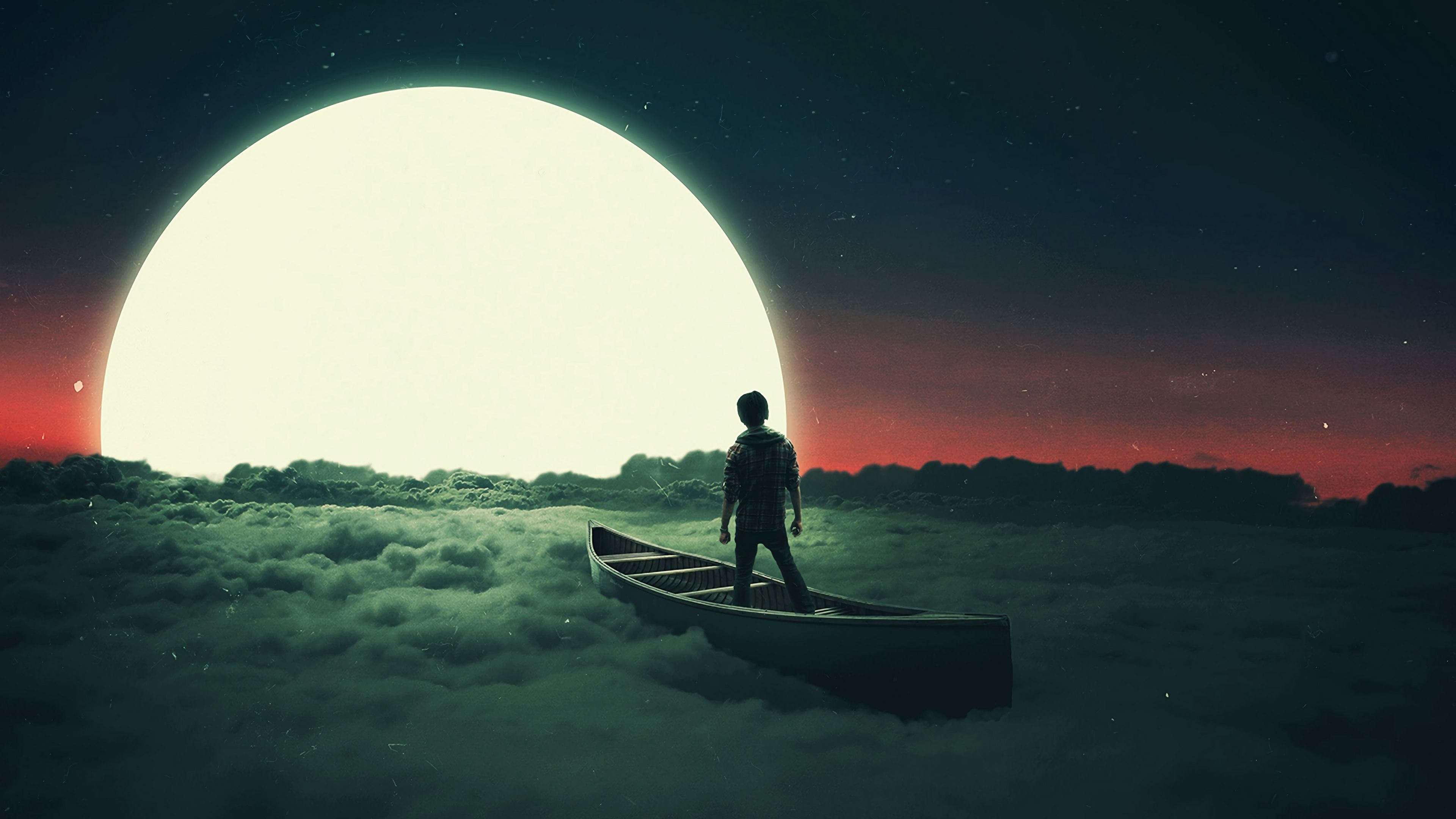silhouette, moon, boat, lonely, loneliness, surrealism, 4k, HD Wallpaper
