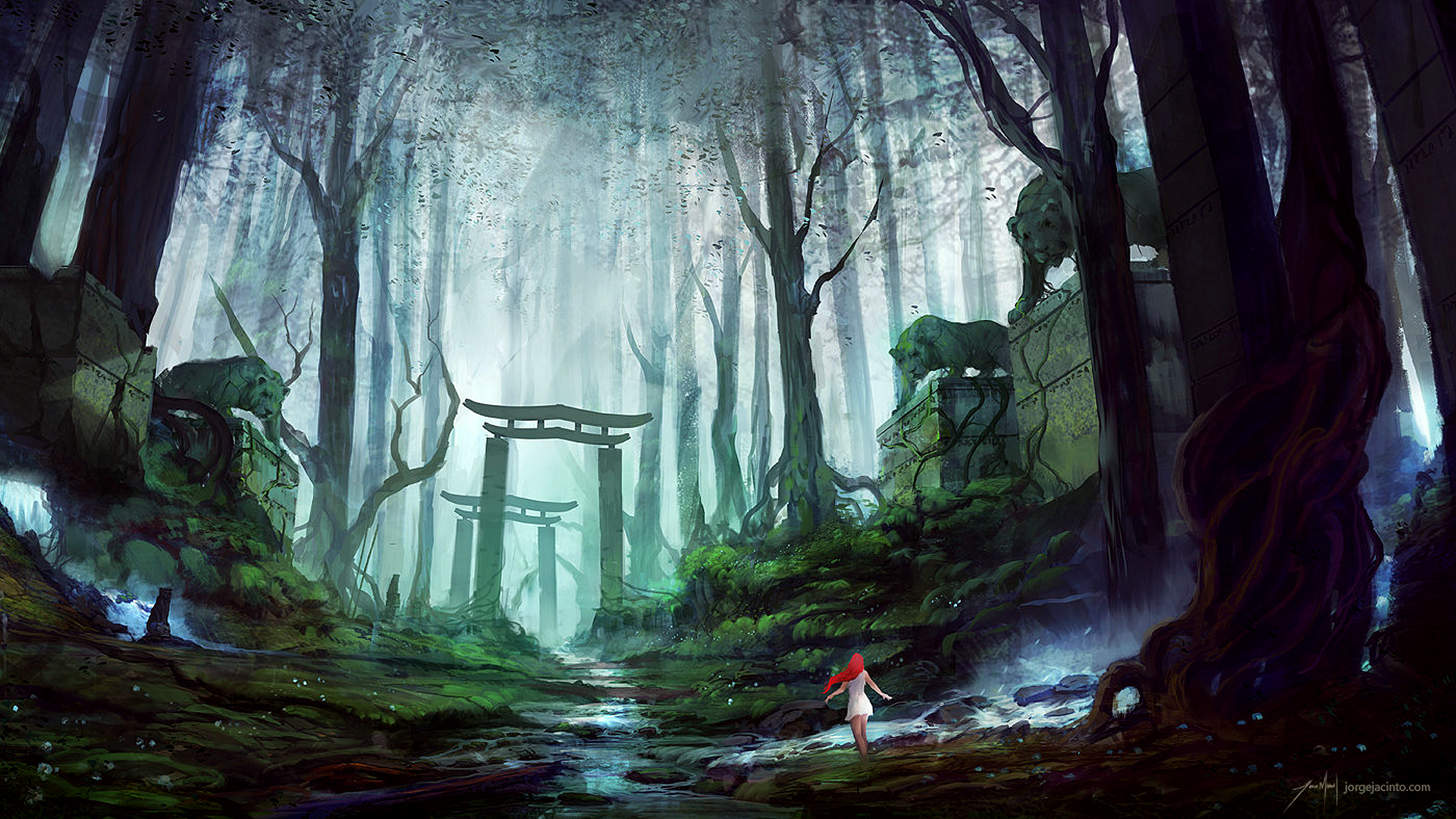 Jorge Jacinto, digital art, artwork, forest, wood, trees, river, statue, redhead, women, alone, standing, arch, fantasy art, HD Wallpaper