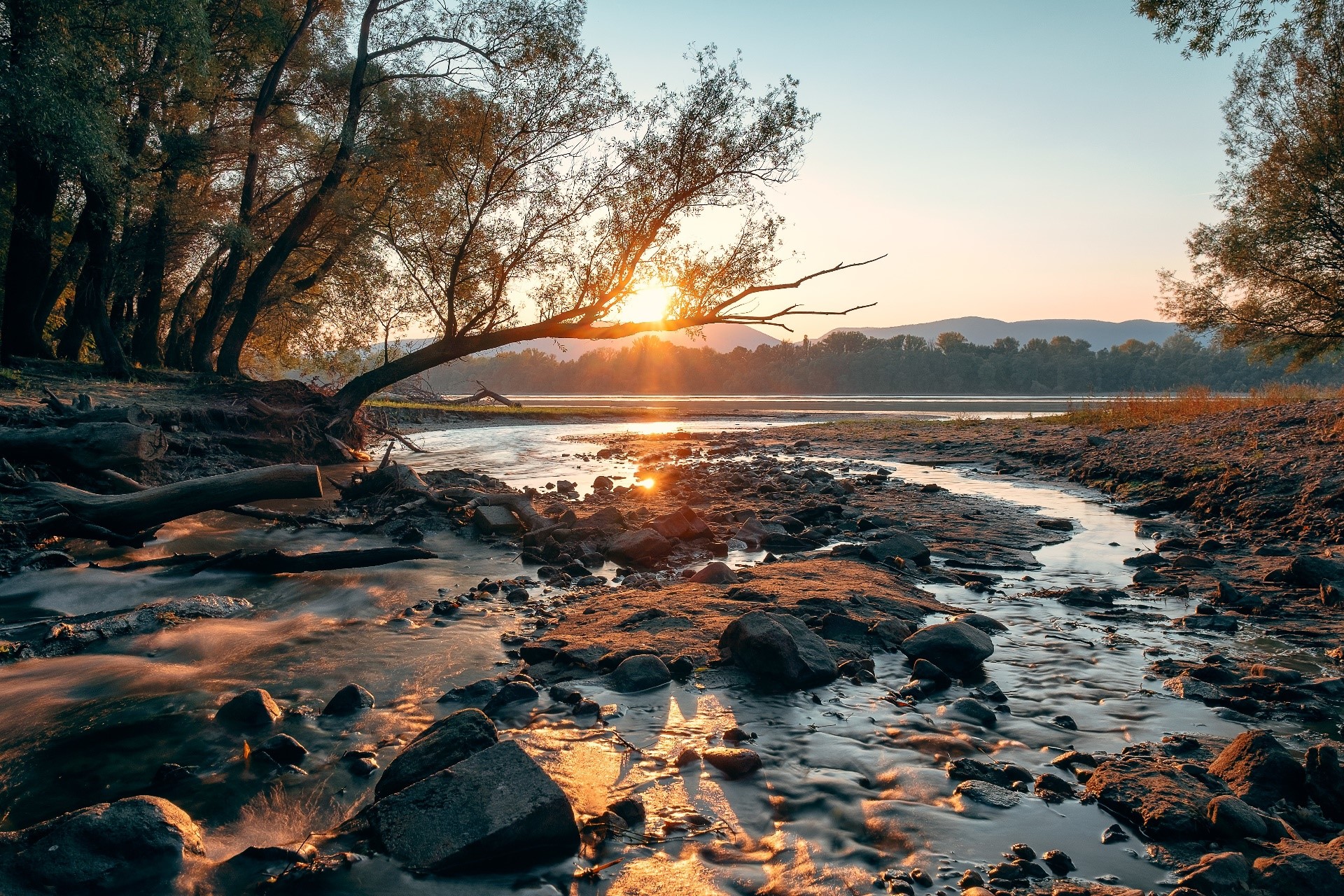 fall, water, outdoors, nature, river, morning, HD Wallpaper