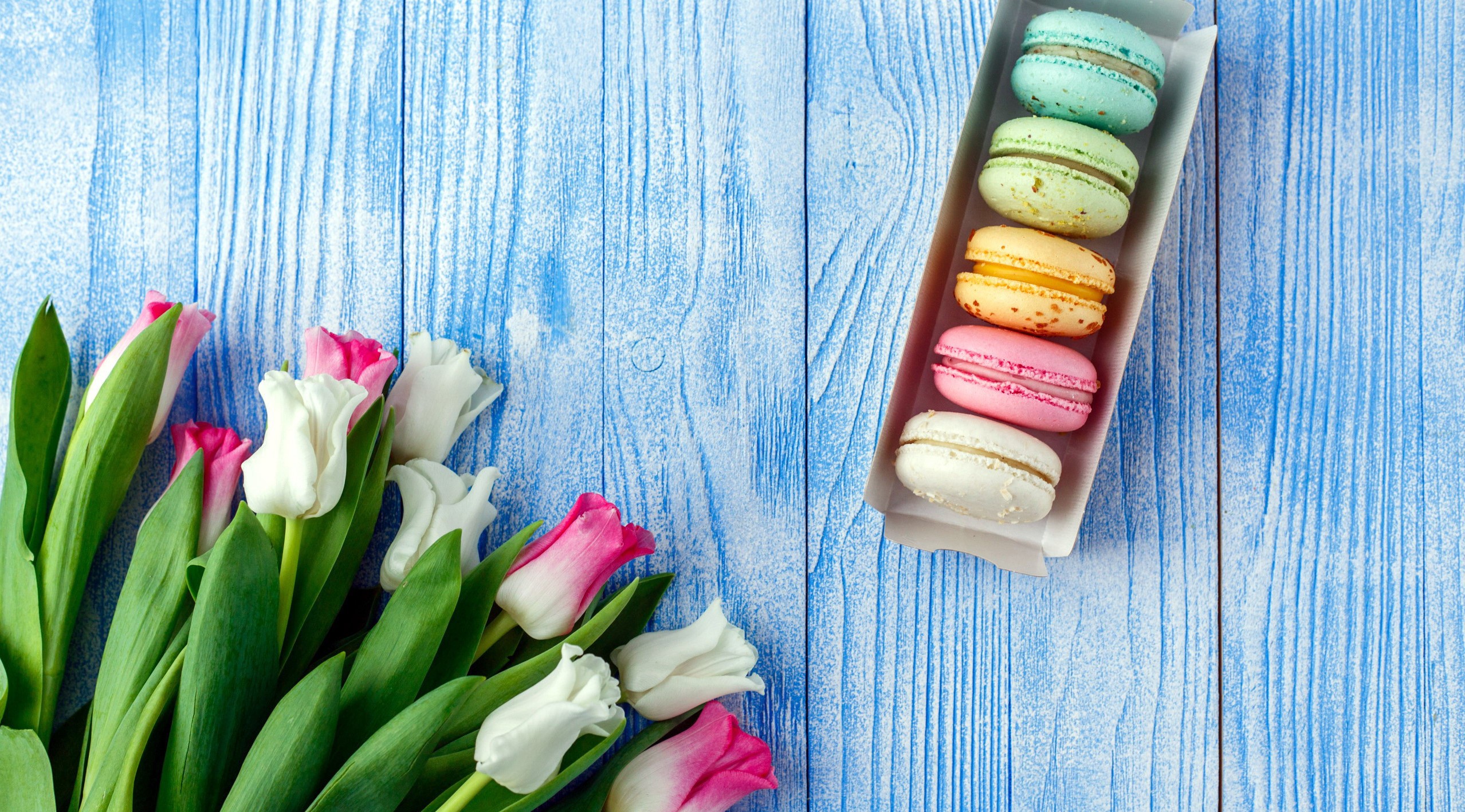 colorful, flowers, sweets, food, tulips, cookies, Macarons, wooden surface, cyan, HD Wallpaper