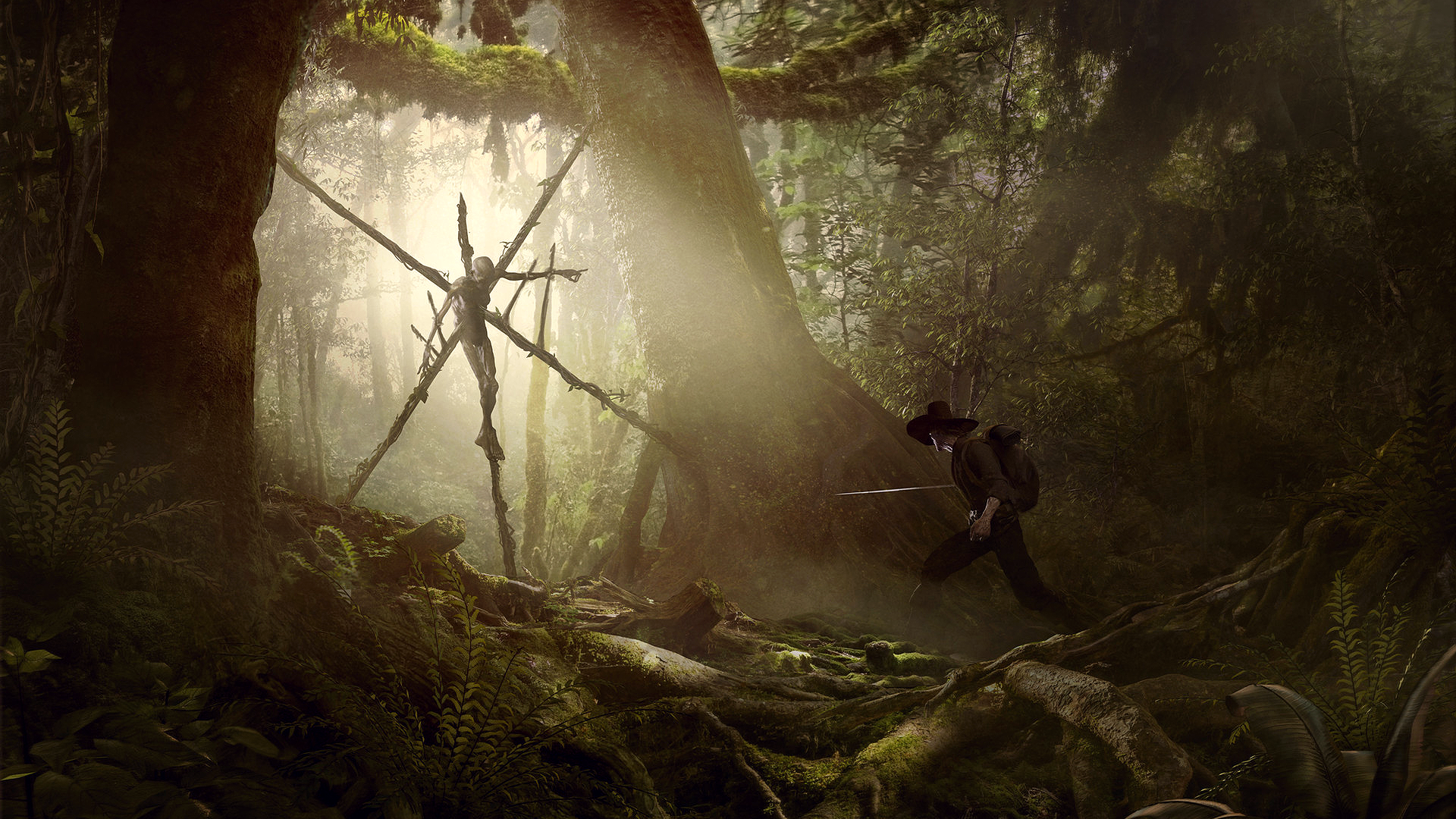 Guillem H. Pongiluppi, artwork, digital art, forest, hat, sword, plants, skeleton, finger pointing, fantasy art, exploring, trees, HD Wallpaper