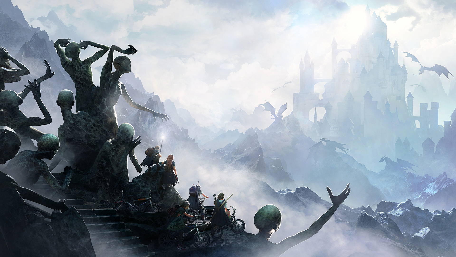 Guillem H. Pongiluppi, artwork, digital art, castle, dragon, flying, clouds, fantasy art, creature, giant, hominid, children, sword, bikes, bow, shield, backpacks, landscape, mountains, HD Wallpaper