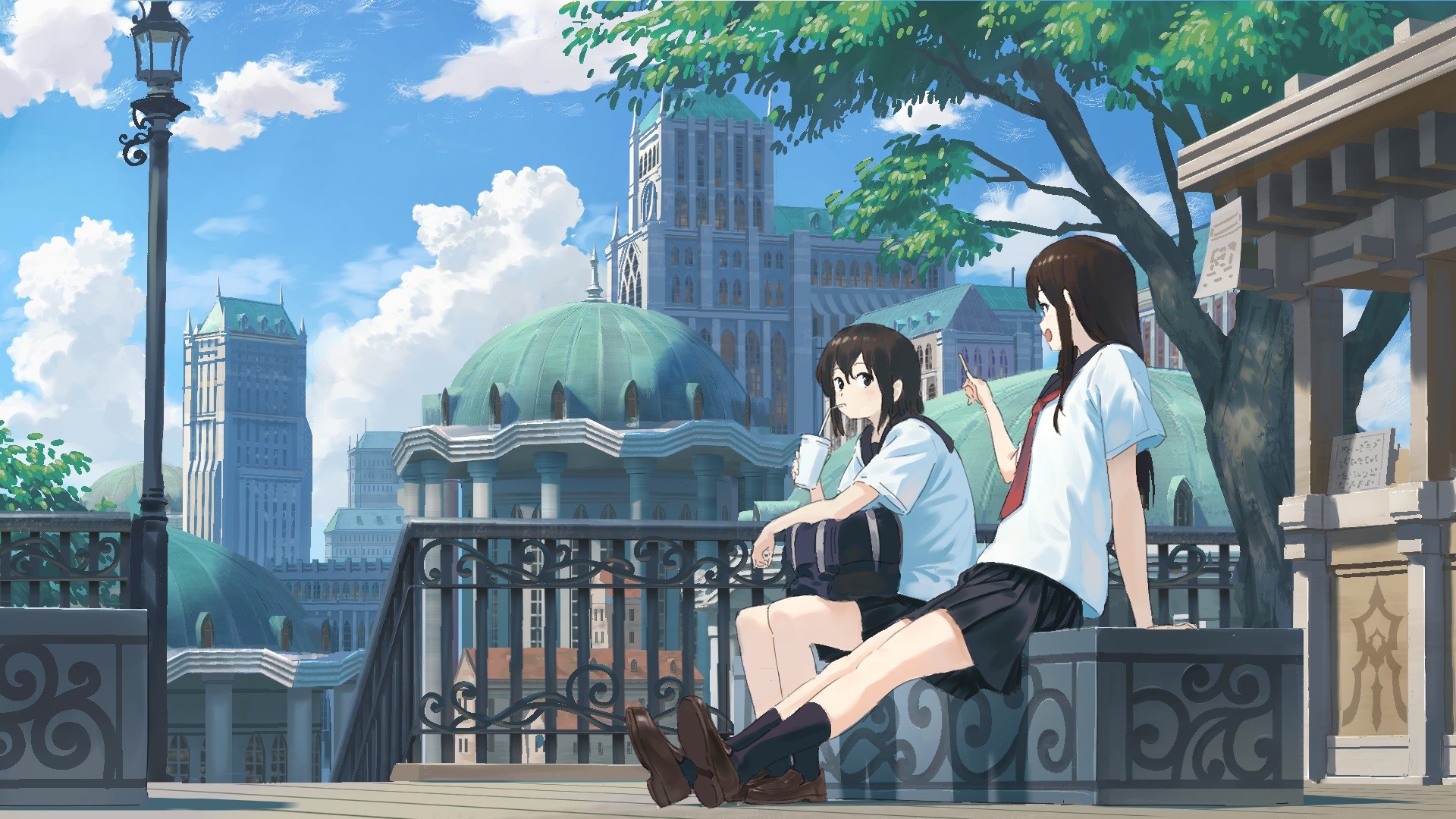 anime, 2D, anime girls, landscape, school uniform, sky, clouds, HD Wallpaper