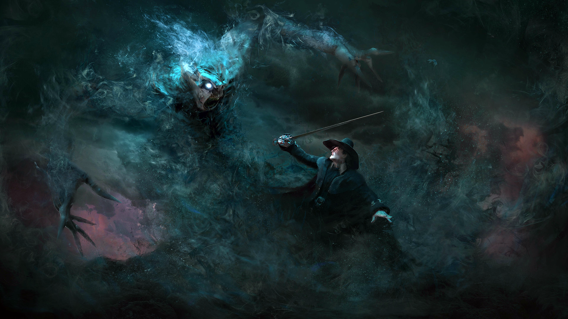 Guillem H. Pongiluppi, artwork, digital art, fantasy art, battle, creature, sword, hat, HD Wallpaper