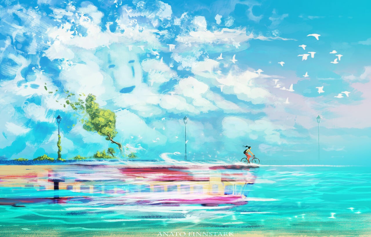 fantasy art, Spirited Away, sea, Anato Finnstark, bicycle, birds, cyan, bright, HD Wallpaper