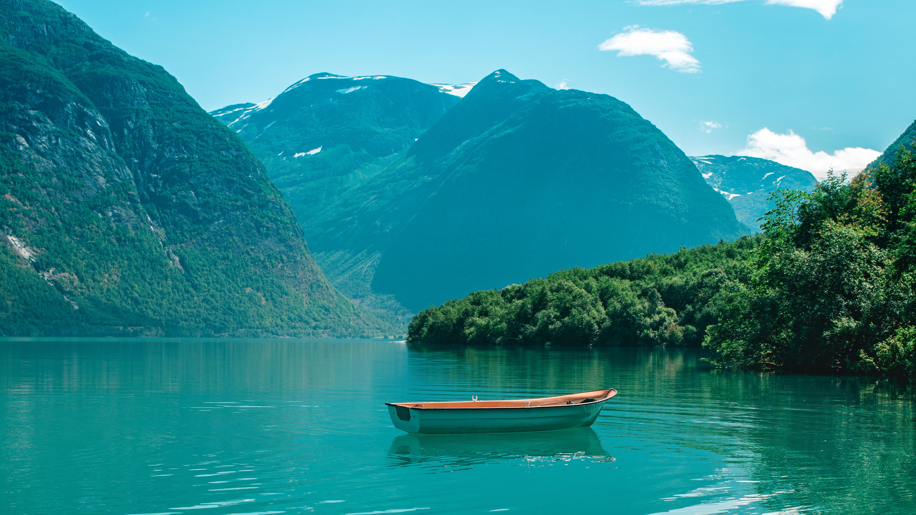 boat, mountains, lake, water, horizon, 4k, HD Wallpaper