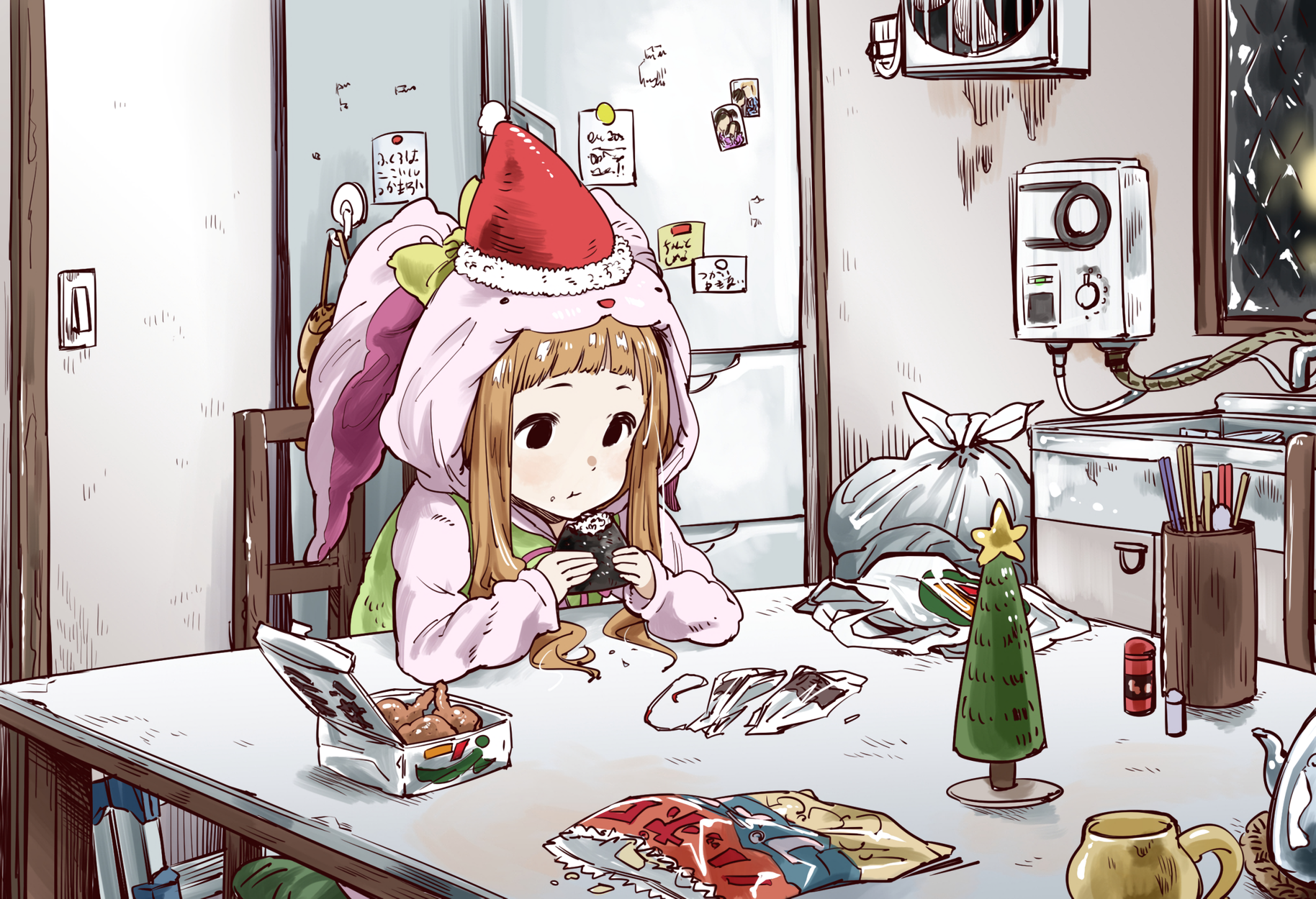 THE, THE, anime girls, Christmas, food, anime girls eating, anime, Santa hats, HD Wallpaper