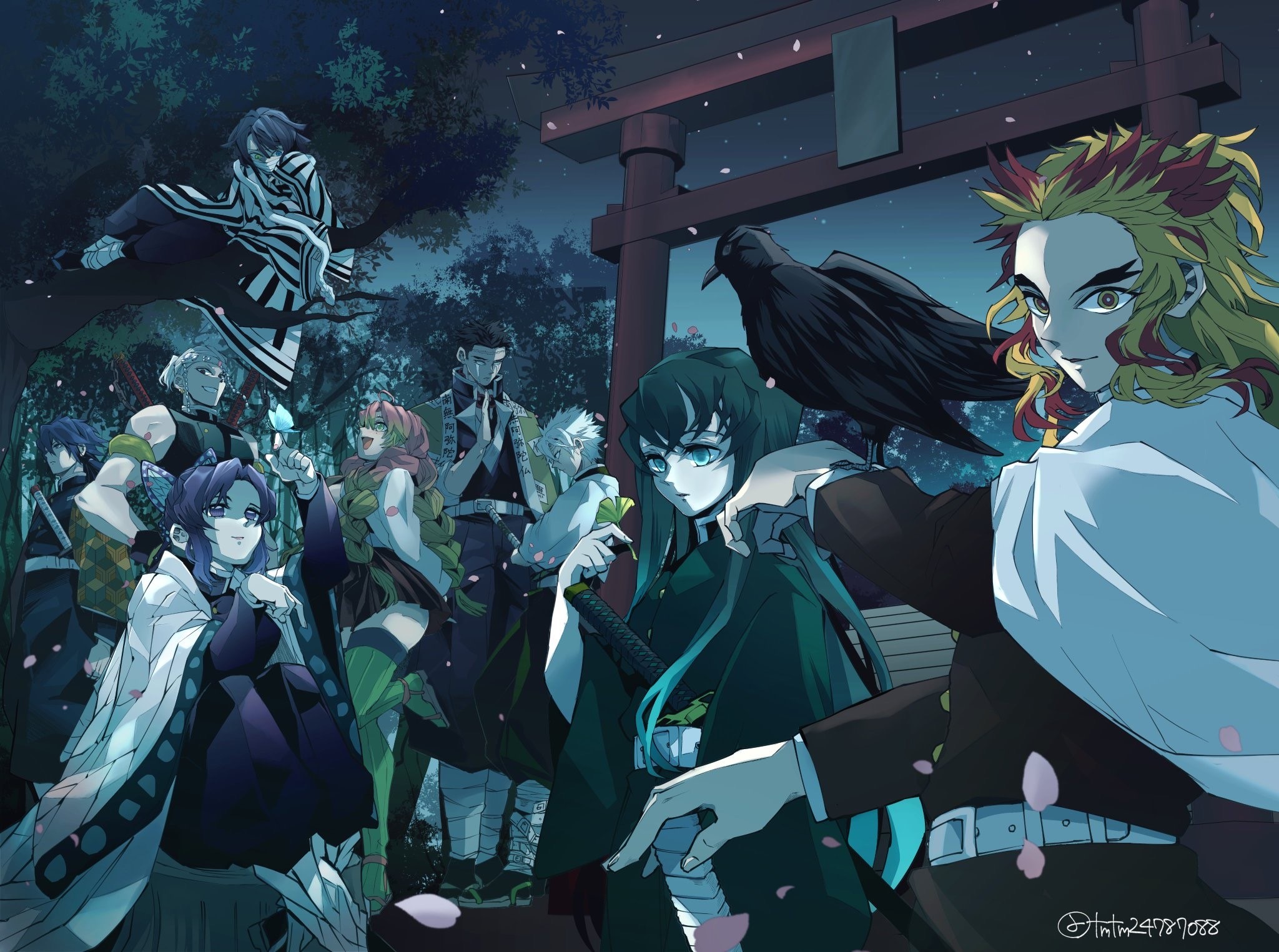 anime, anime girls, digital art, artwork, 2D, portrait, torii, Kimetsu no Yaiba, HD Wallpaper