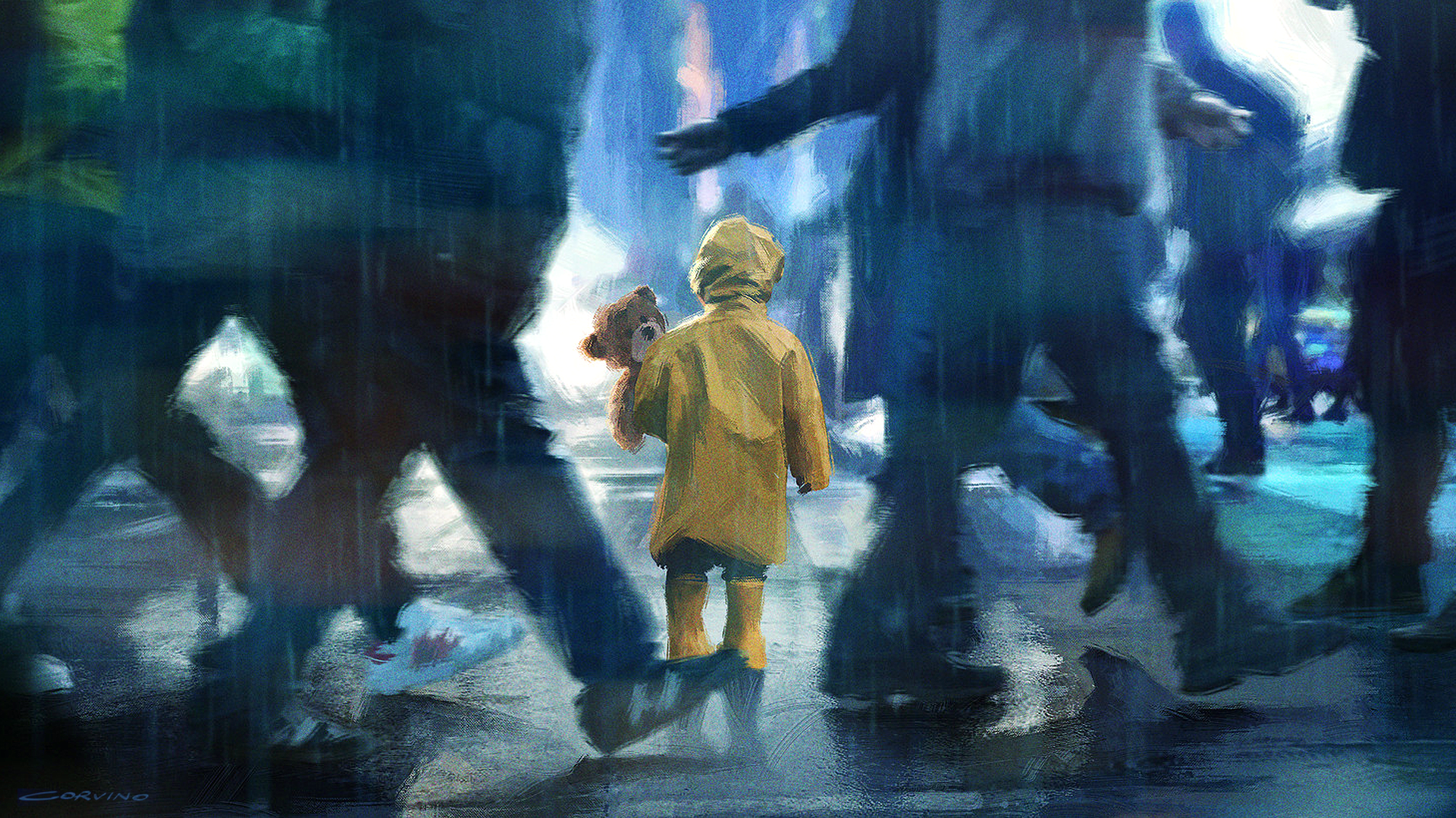 Francesco Corvino, digital art, artwork, alone, children, teddy bears, yellow clothing, city, walking, street, HD Wallpaper