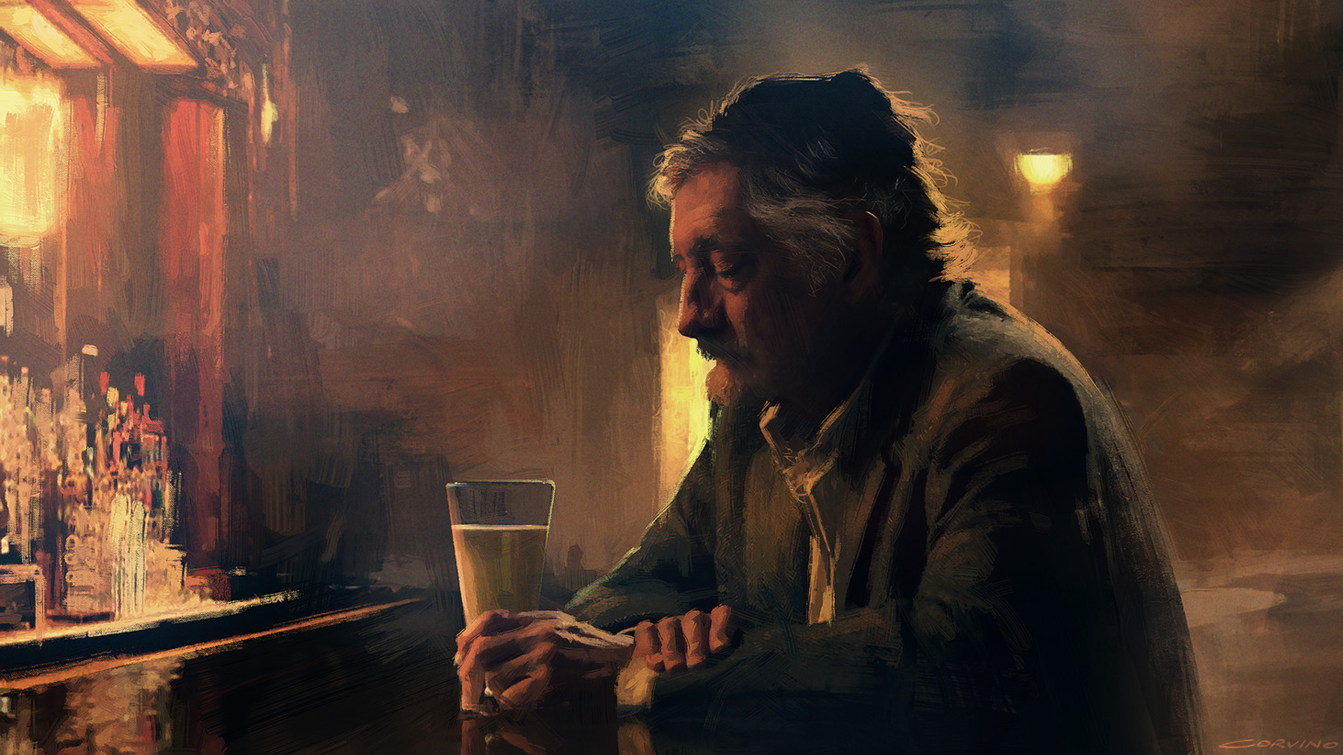 Francesco Corvino, digital art, artwork, alone, drinking, bar, men, HD Wallpaper