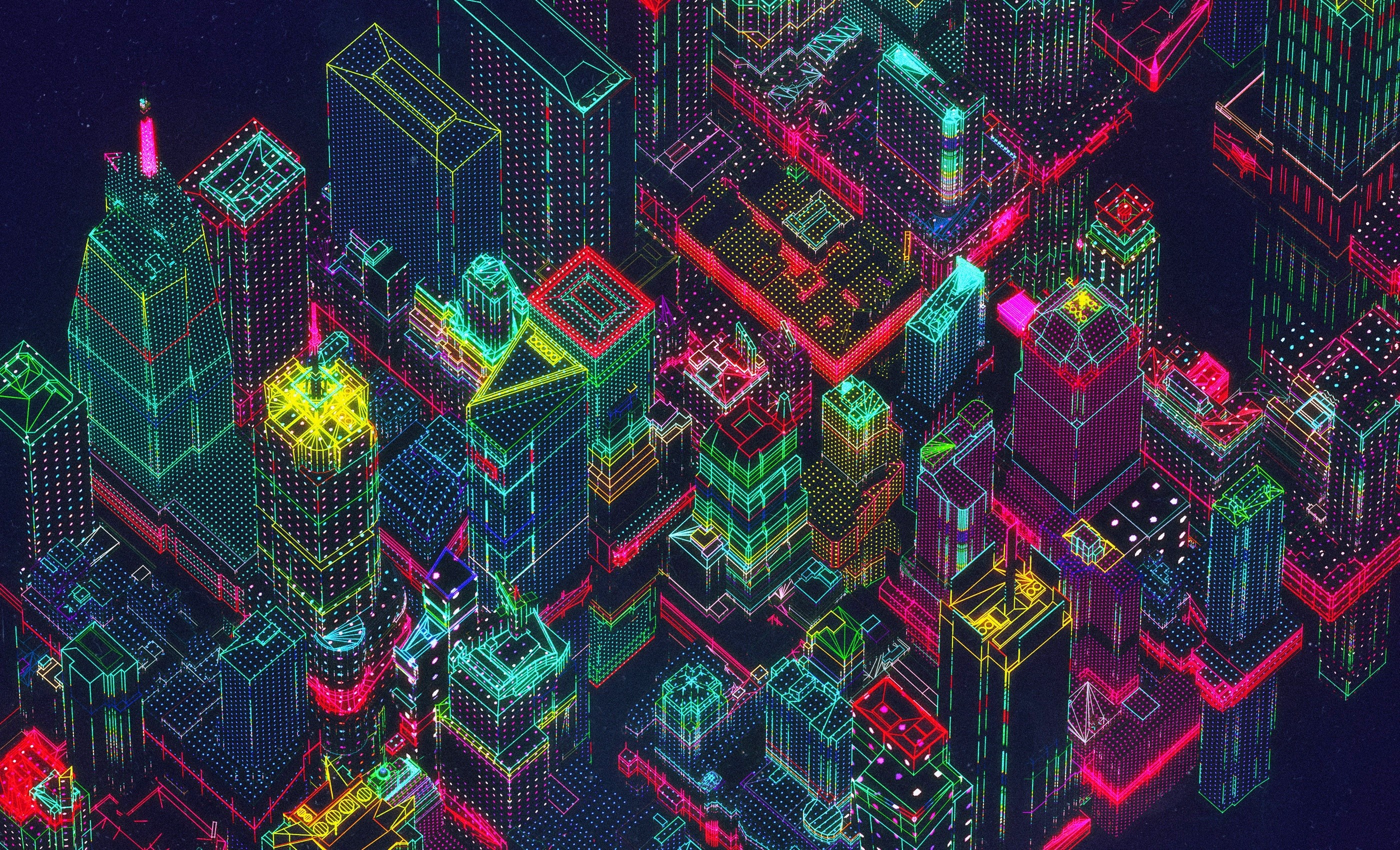 neon, artwork, colorful, city, digital art, cityscape, synthwave, HD Wallpaper