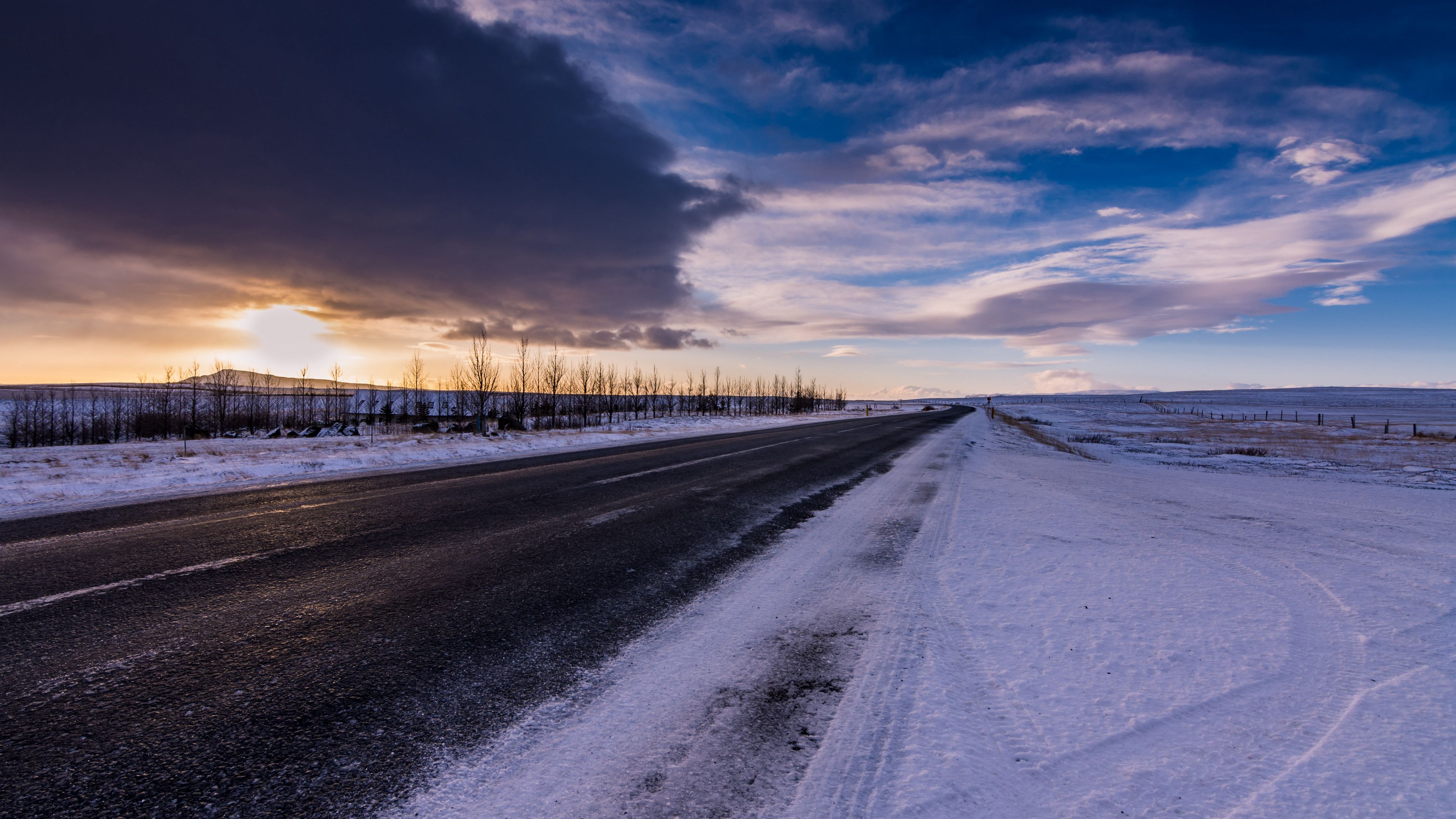 road, snow, winter, sky, horizon, 4k, HD Wallpaper