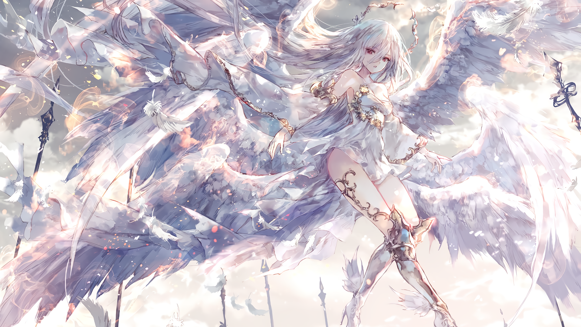 long hair, white hair, wings, clouds, HD Wallpaper