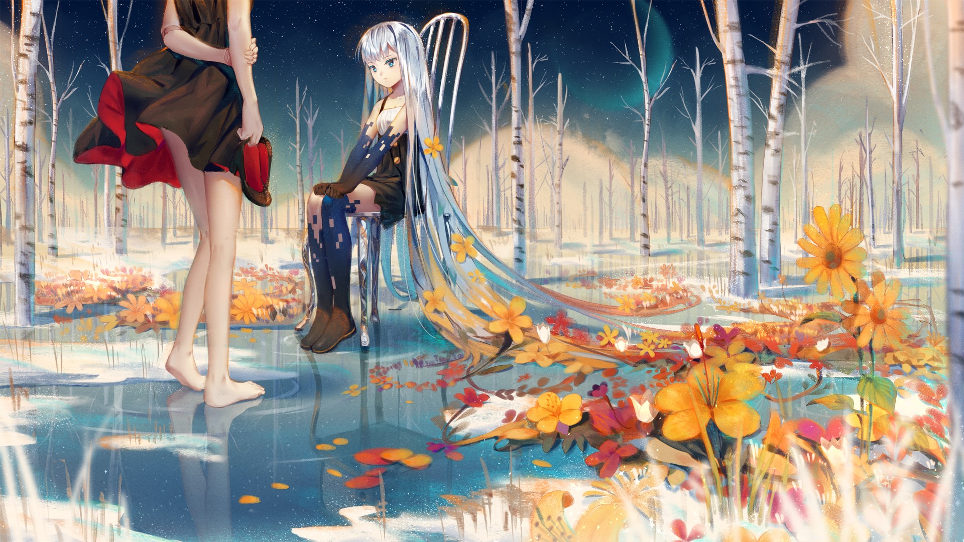 long hair, flowers, trees, chair, anime, HD Wallpaper