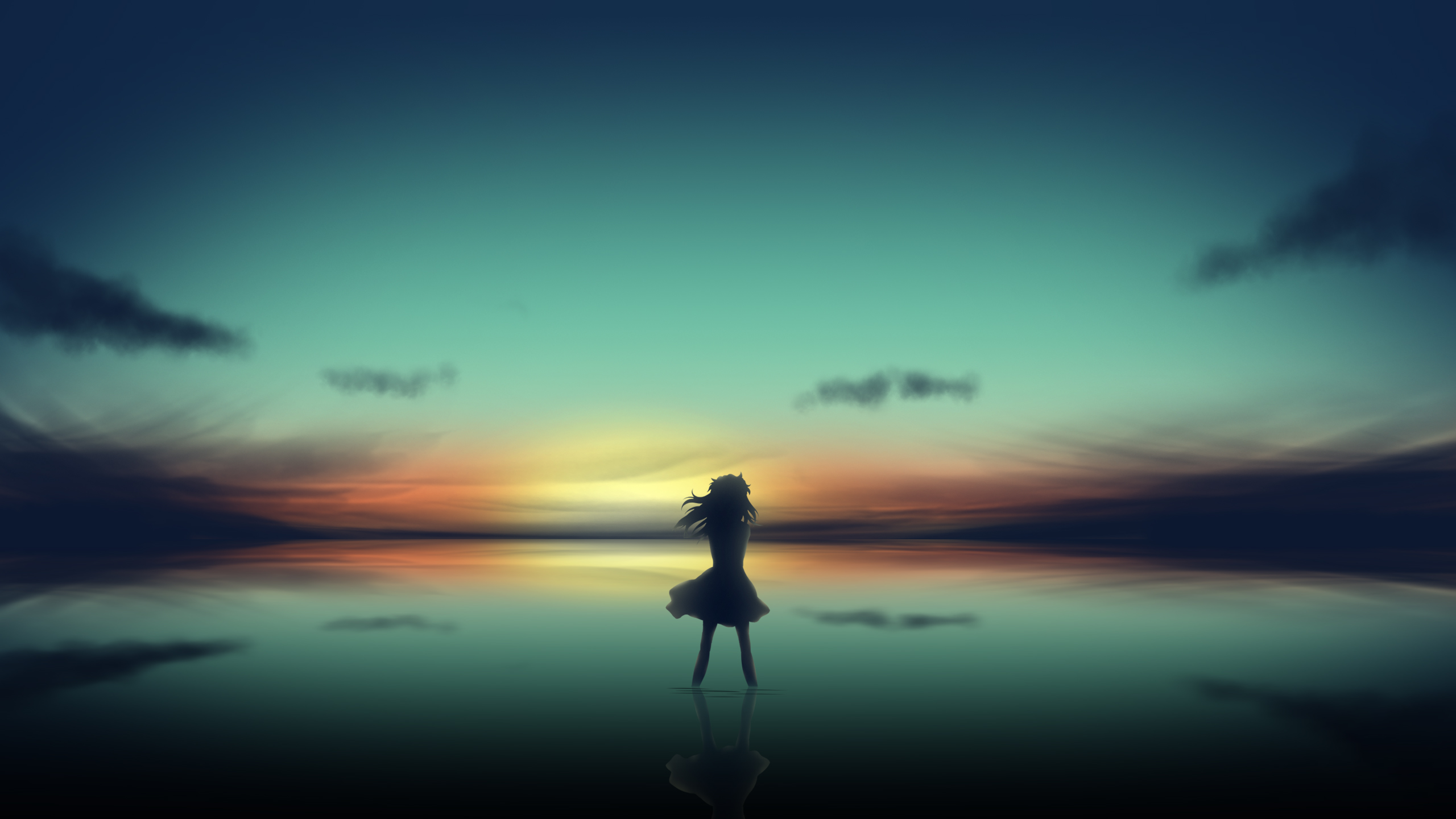 anime, landscape, sea, Sun, sky, clouds, HD Wallpaper